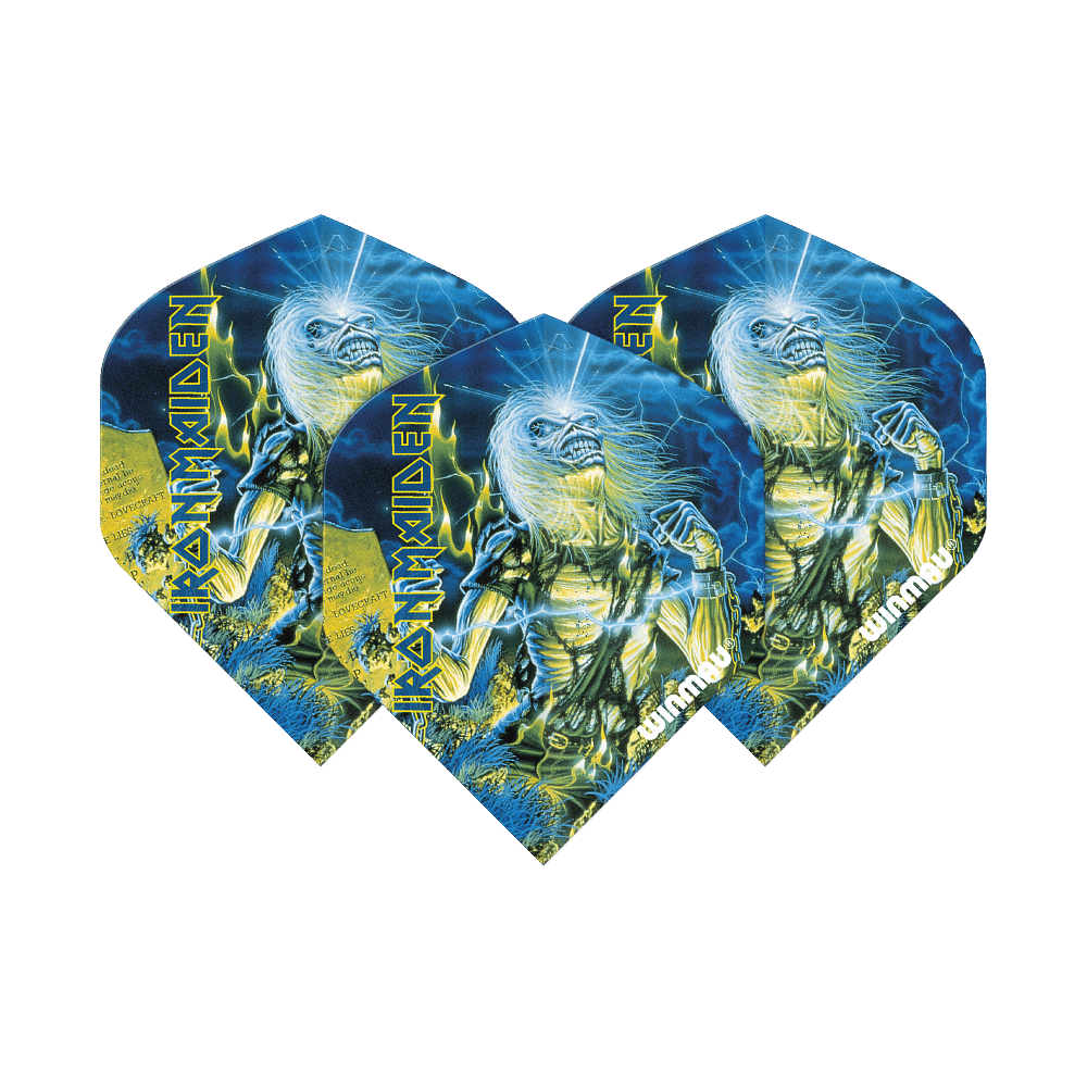Das Bild zeigt drei Dart-Flights mit dem Motiv "Iron Maiden Life After Death" von Winmau. Auf den Flights ist das bekannte Albumcover in leuchtenden Blau- und Gelbtönen abgebildet.