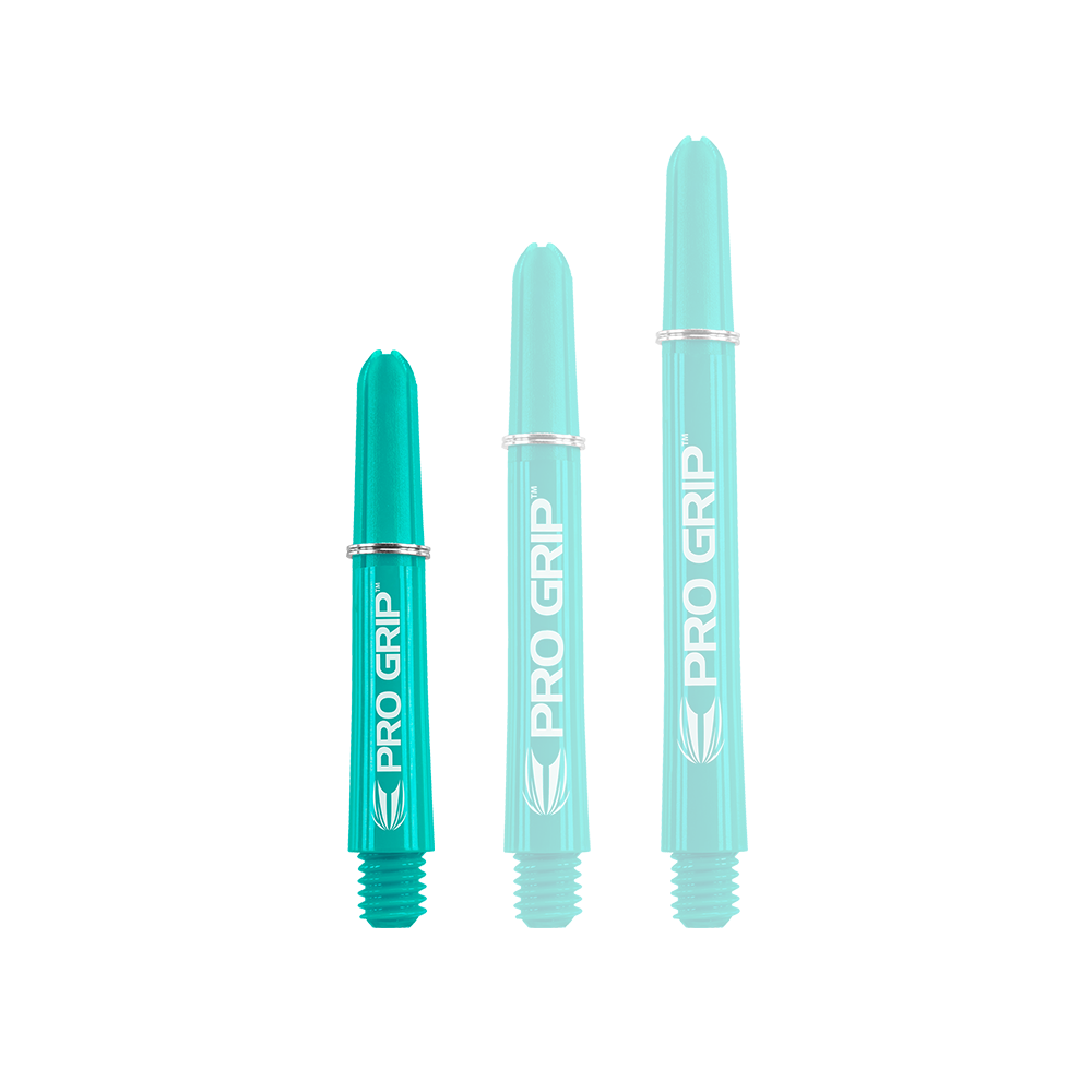 Target Pro Grip Shafts - 3 Sets - Aqua Auf dem Bild sind drei türkisfarbene "PRO GRIP" Schäfte in verschiedenen Längen zu sehen. Sie stehen nebeneinander und haben alle den gleichen Aufdruck und das gleiche Design.