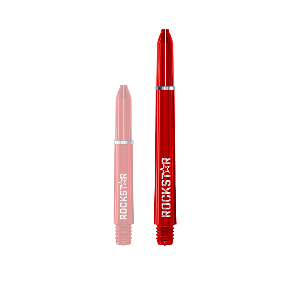 Winmau Joe Cullen Rockstar Nylon Shafts Auf dem Bild sind zwei rote Dartschäfte mit der Aufschrift "ROCKSTAR" zu sehen. Einer der Schäfte ist kürzer, der andere ist länger.
