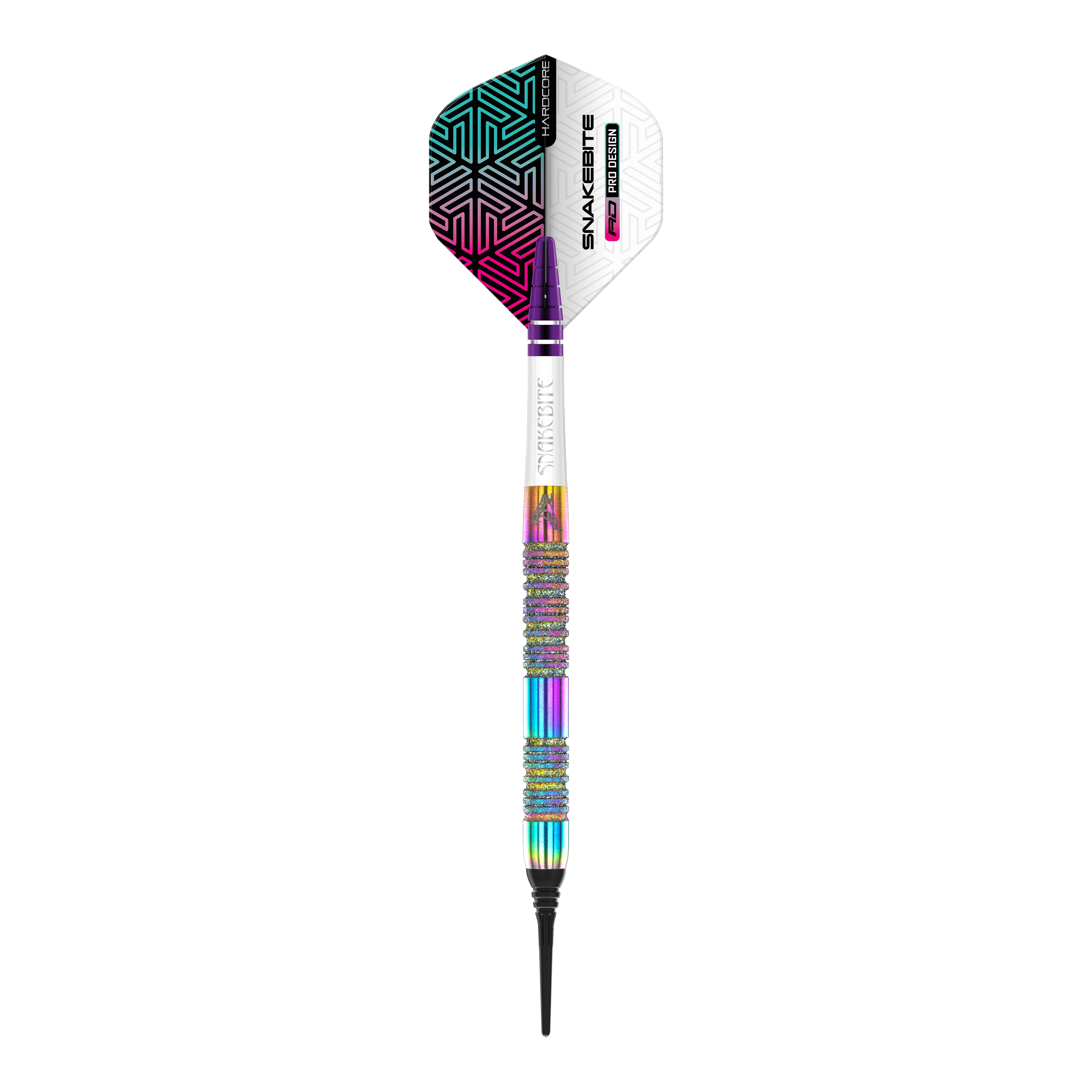 Das Bild zeigt einen Red Dragon Peter Wright Diamond Fusion Spectron SE Softdart mit 20g Gewicht. Der Dart hat ein auffälliges, buntes Design mit verschiedenen Farben und einem gemusterten Flight.