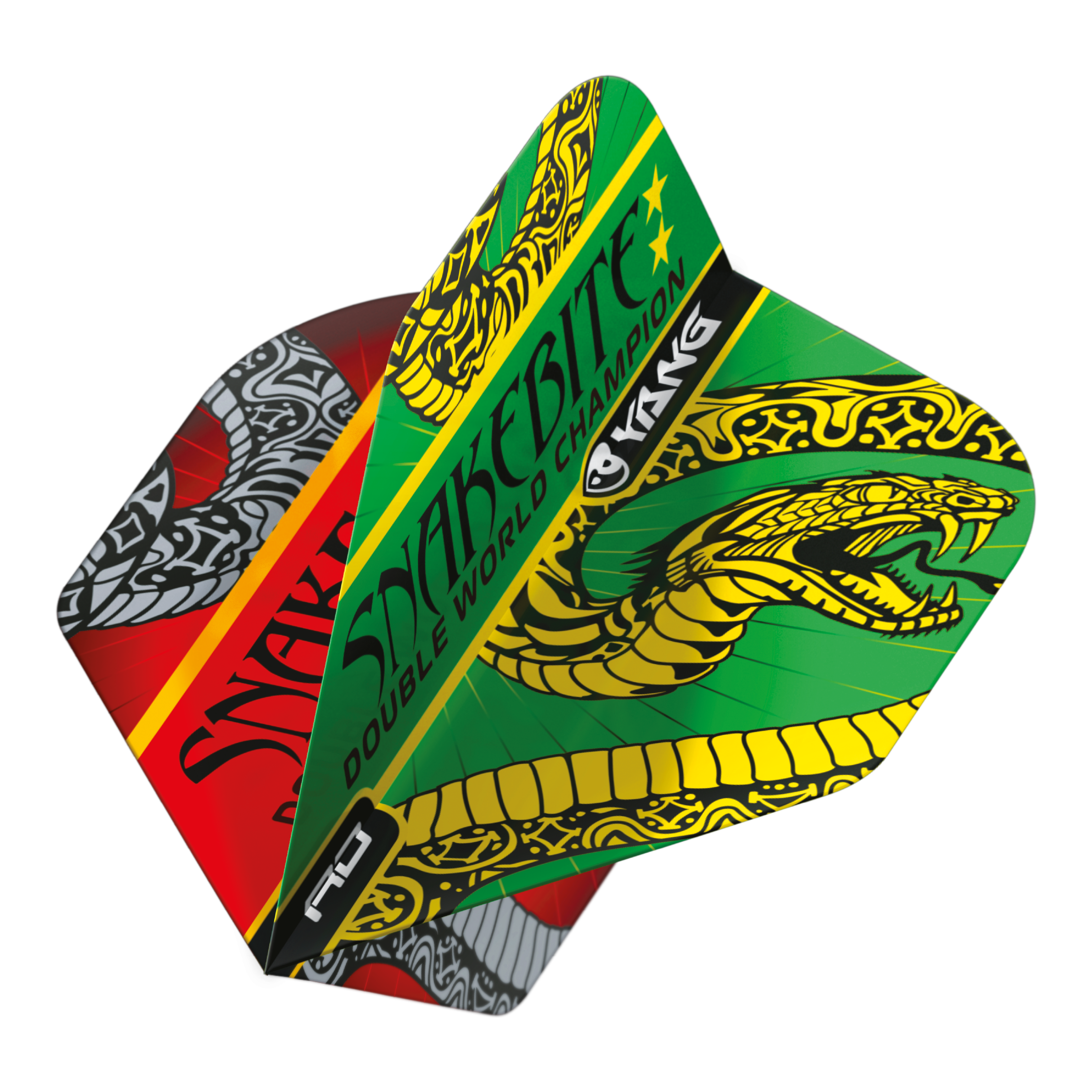 Das Bild zeigt die Dart-Flights "Red Dragon Peter Wright Snakebite Red Green Yin Yang Standard Flights." Die Flights sind farbenfroh gestaltet und zeigen einen auffälligen Schlangen-Grafik sowie den Schriftzug "Snakebite."