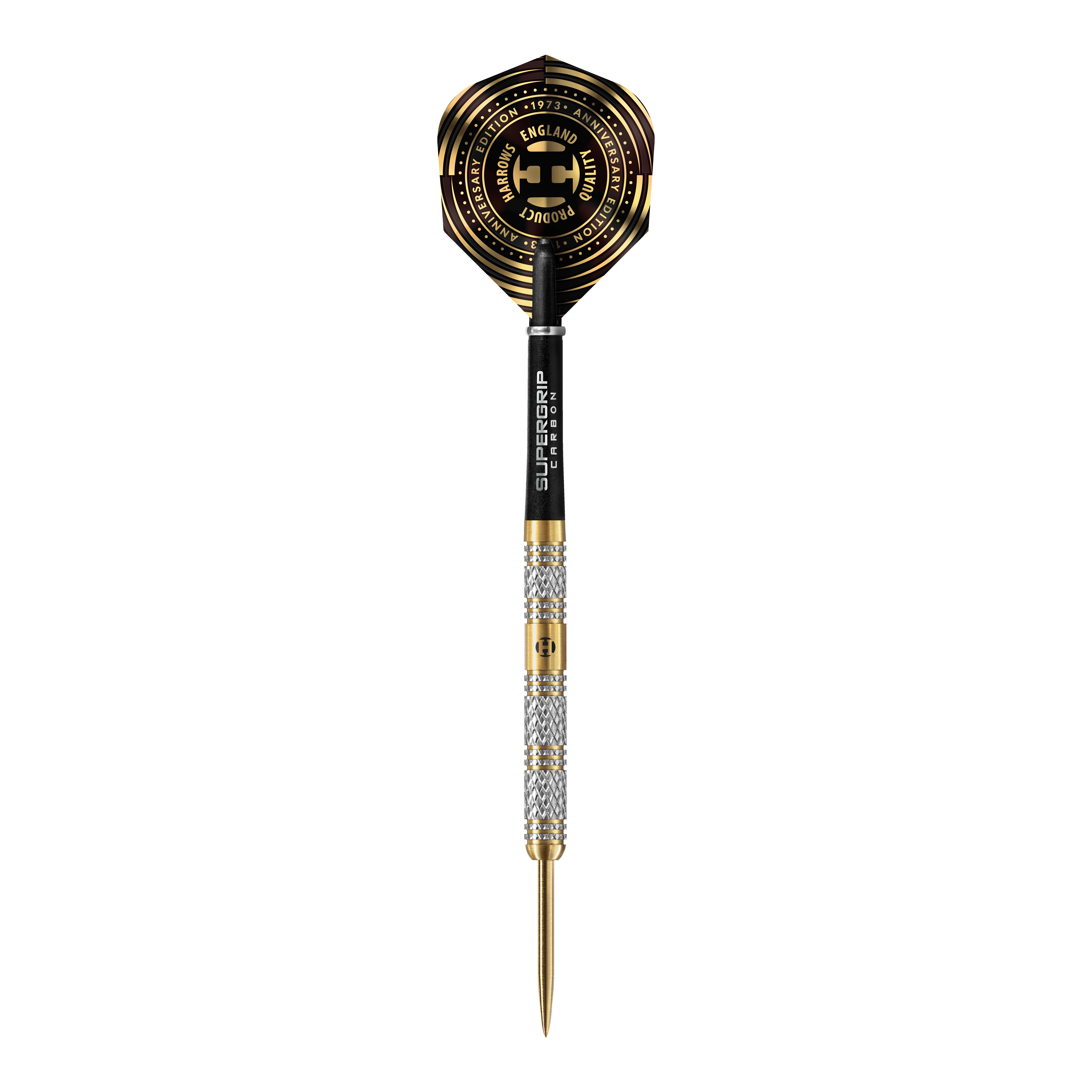 Harrows Anniversary Edition Magnum Steeldarts Das Bild zeigt einen hochwertigen Steeldartpfeil mit goldenen und silbernen Akzenten. Auf dem Flights sind kreisförmige, goldfarbene Muster und der Schriftzug "Anniversary Edition" zu sehen.