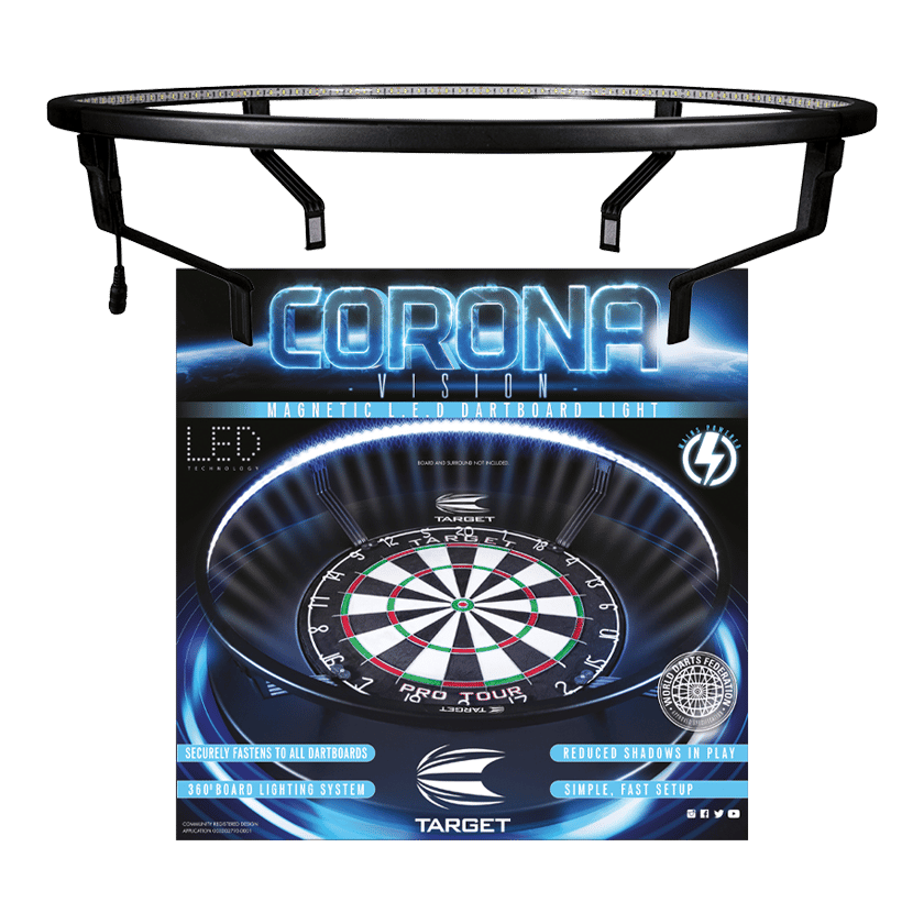 Das Bild zeigt das Produkt „Target TOR Corona LED Bundle“, eine magnetische LED-Dartboard-Beleuchtung. Es bietet eine 360-Grad-Ausleuchtung für Dartboards und sorgt für weniger Schatten beim Spielen.
