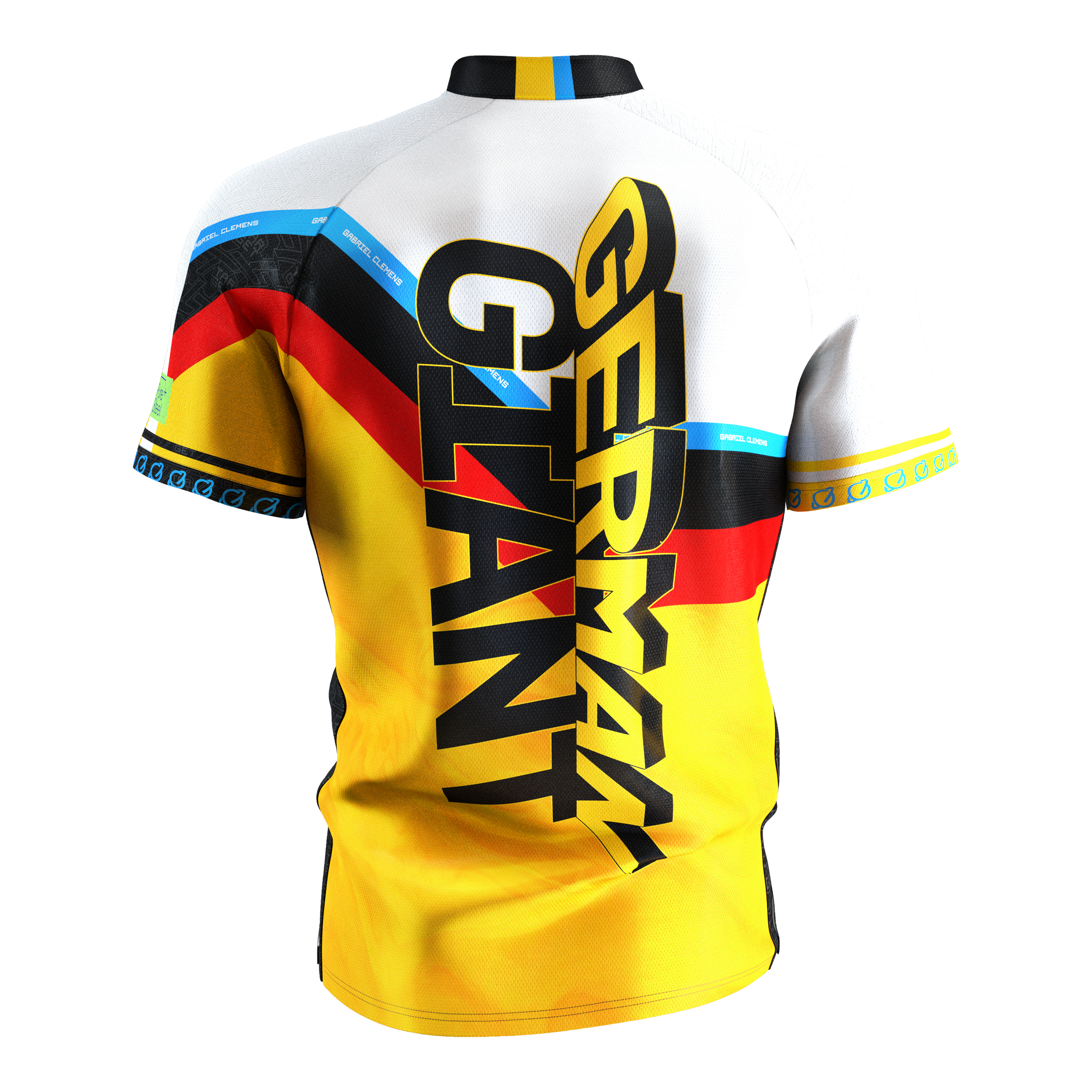 Target Coolplay Gabriel Clemens 2025 Dartshirt Das Bild zeigt das "Target Coolplay Gabriel Clemens 2025 Dartshirt" von hinten. Auf dem Shirt steht in großen Buchstaben "German Giant" und es ist in den Farben der deutschen Flagge gestaltet.
