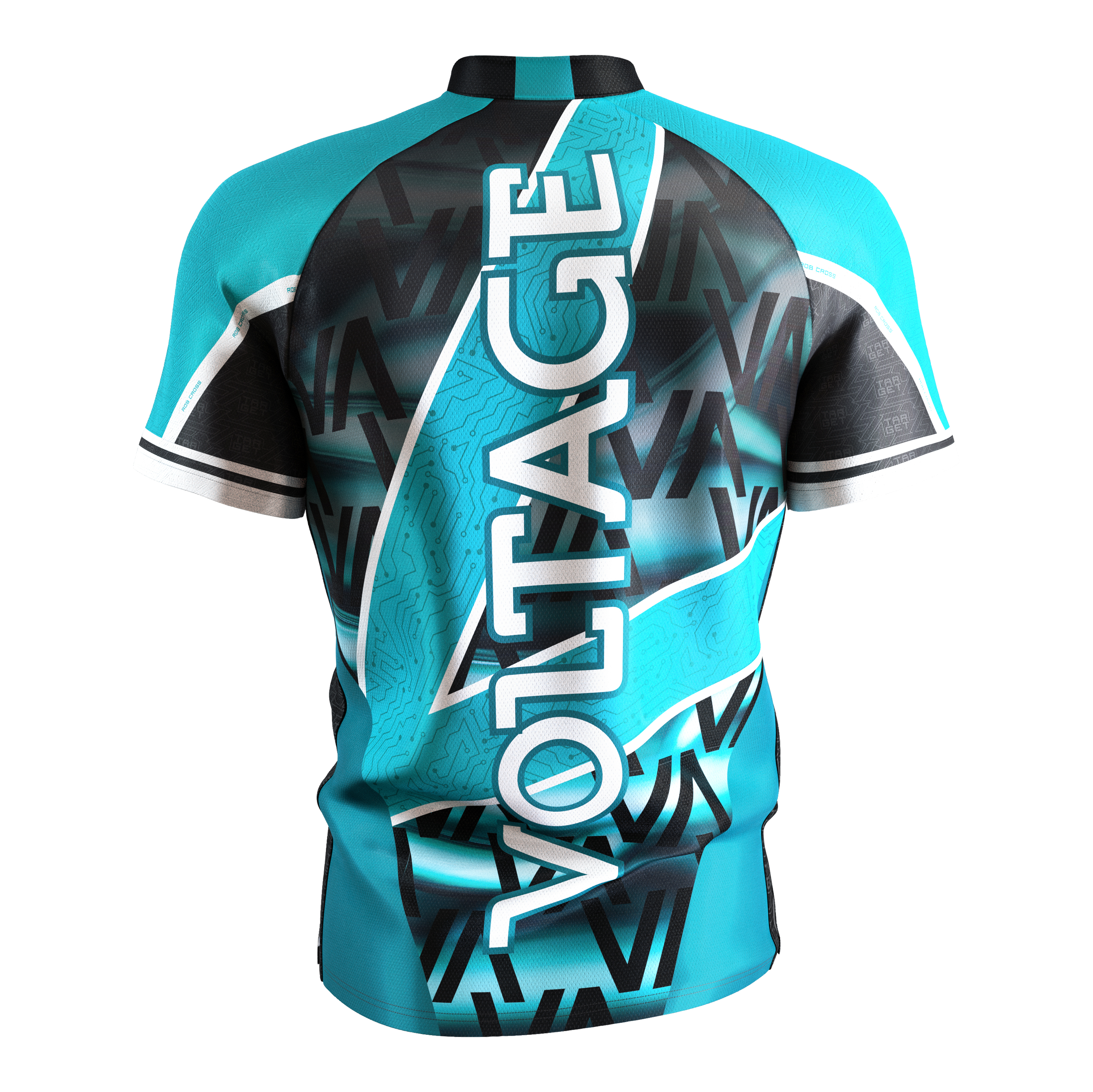 Target Coolplay Rob Cross 2025 Dartshirt Das Bild zeigt das "Target Coolplay Rob Cross 2025 Dartshirt" in Türkis und Schwarz. Auf der Rückseite steht groß das Wort "VOLTAGE".