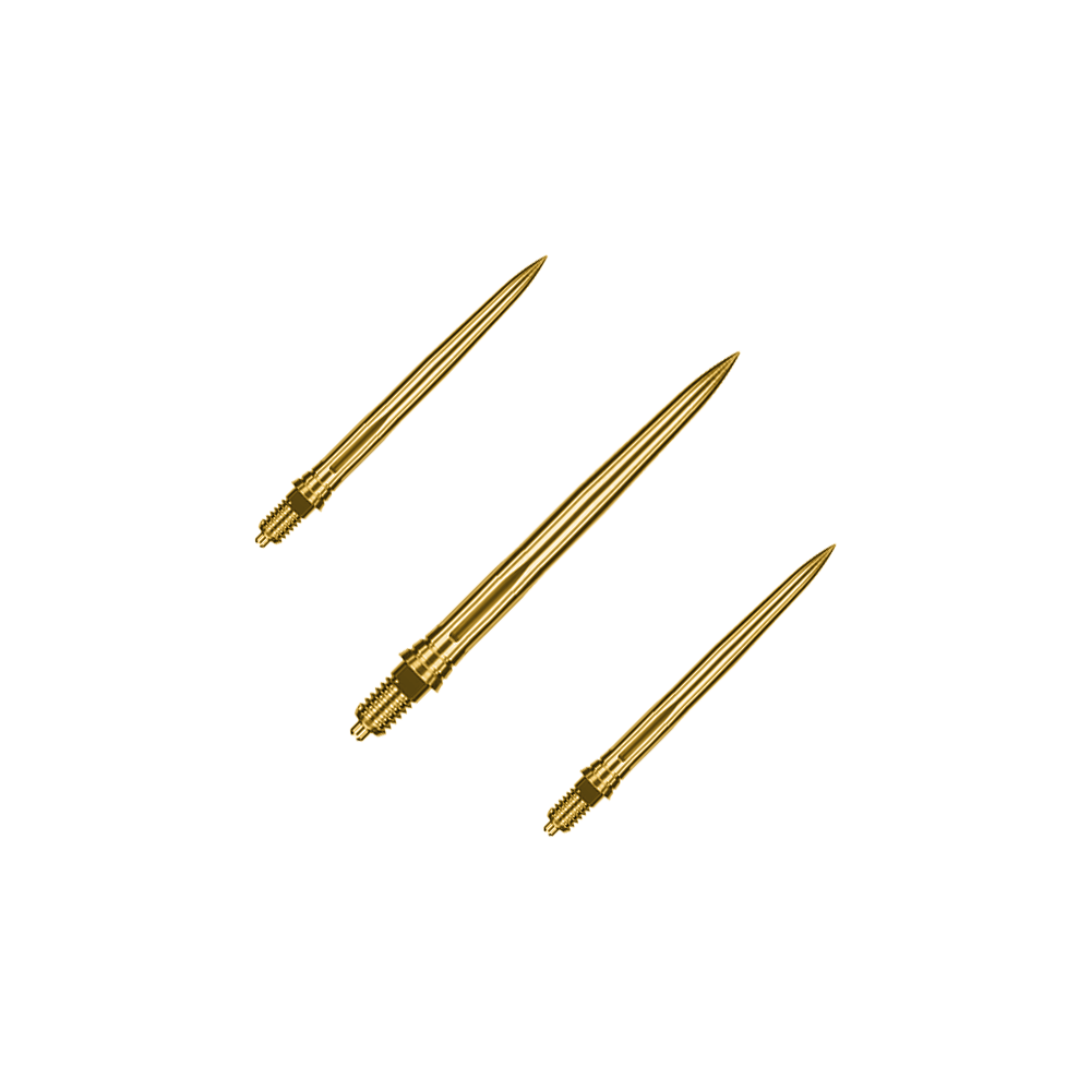 Caliburn EZ-EVO Dartspitzen - Smooth - Gold Dieses Bild zeigt ein Set goldener Dartspitzen mit glatter Oberfläche, vermutlich 28mm lang. Die Spitzen sind von der Marke Caliburn EZ-EVO.