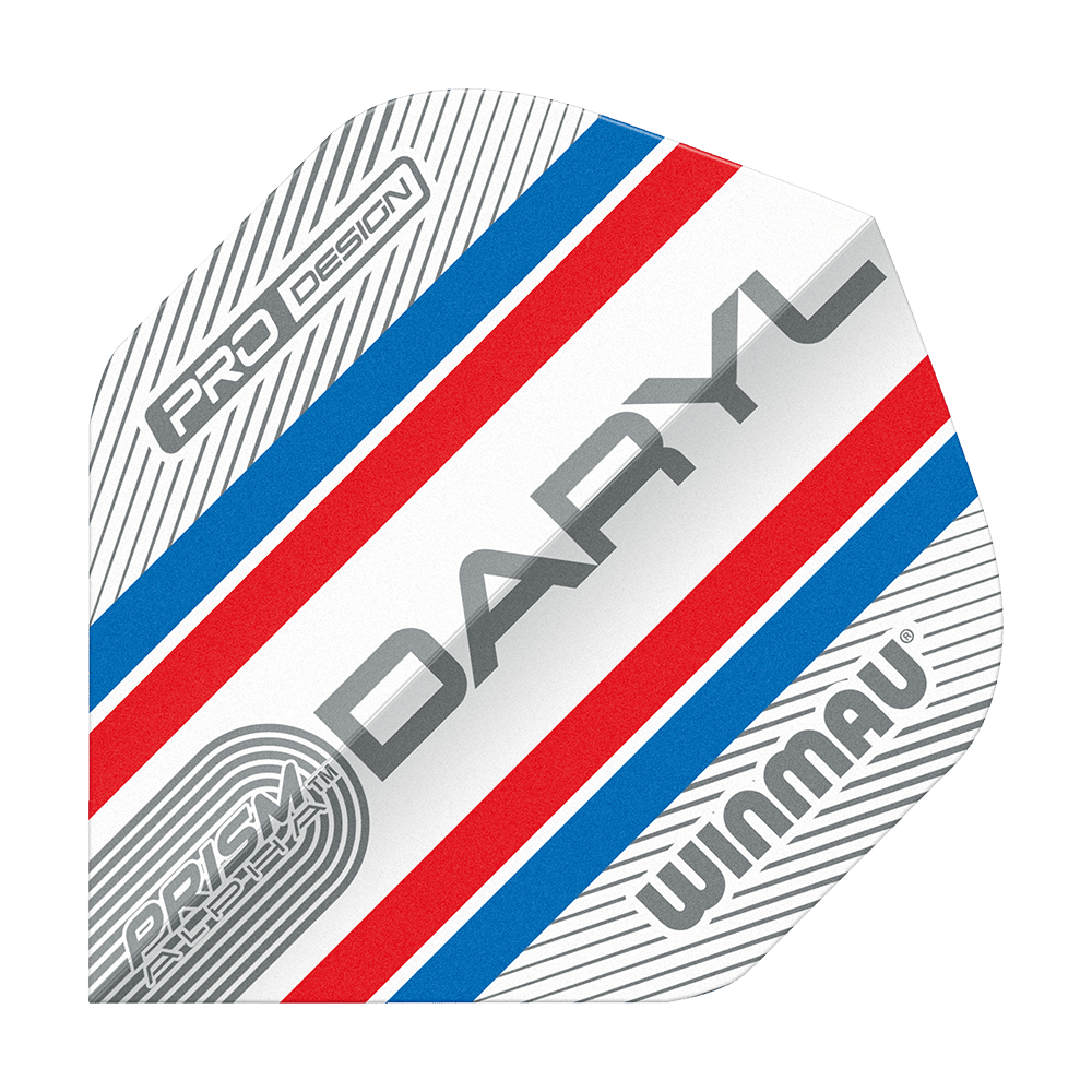 Winmau Alpha Daryl Gurney Gurney 85 Standard Flights Das Bild zeigt ein Dart-Flight im Standard-Design mit den Farben Blau, Rot und Weiß. Auf dem Flight stehen die Wörter "DARYL", "WINMAU", "PRISM ALPHA" und "PRO DESIGN".