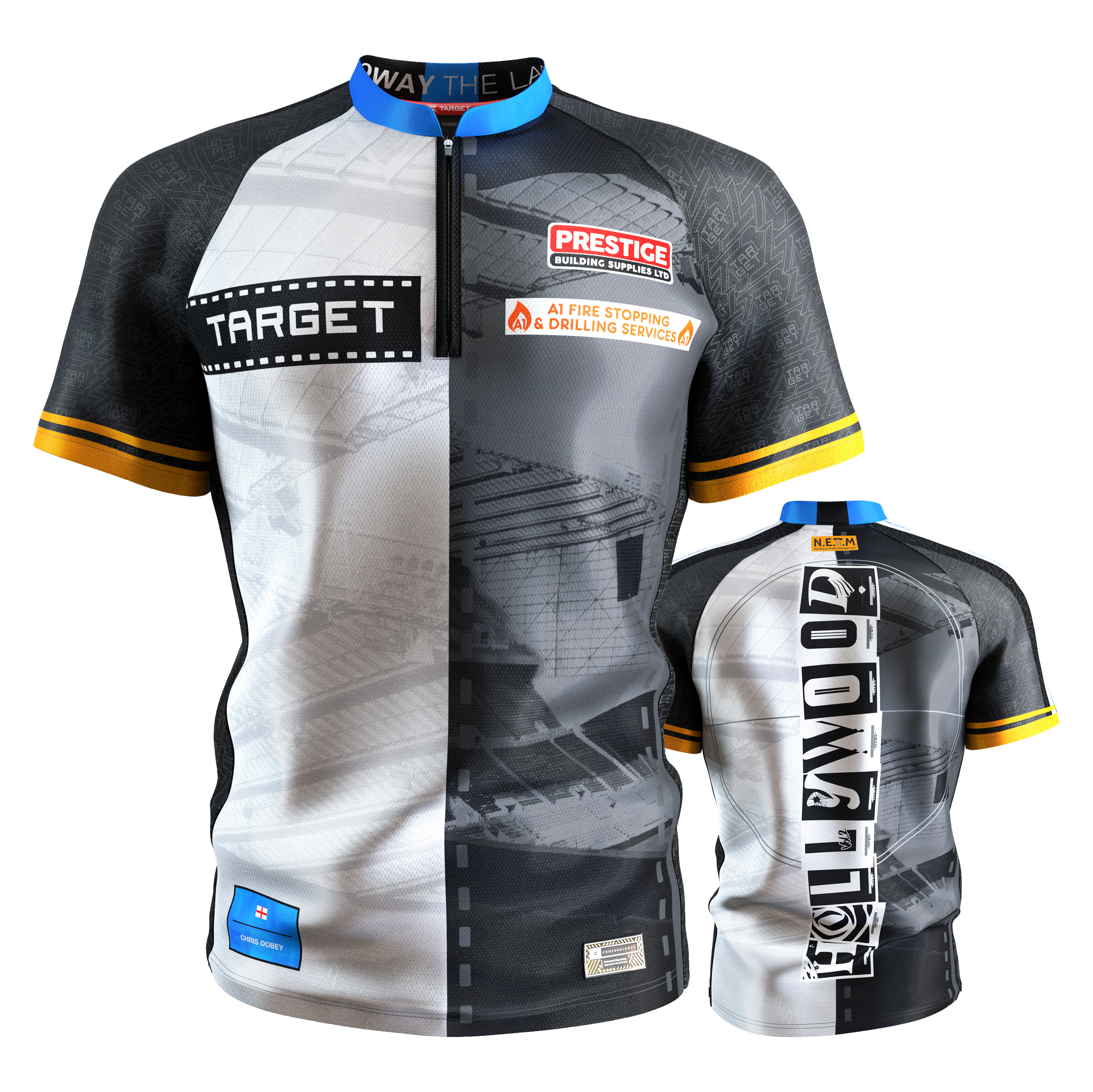 Target Coolplay Chris Dobey 2025 Dartshirt Dieses Bild zeigt das "Target Coolplay Chris Dobey 2025 Dartshirt" von vorne und hinten. Das Shirt hat ein modernes, schwarz-weißes Design mit gelben Akzenten und mehreren Sponsorenlogos.