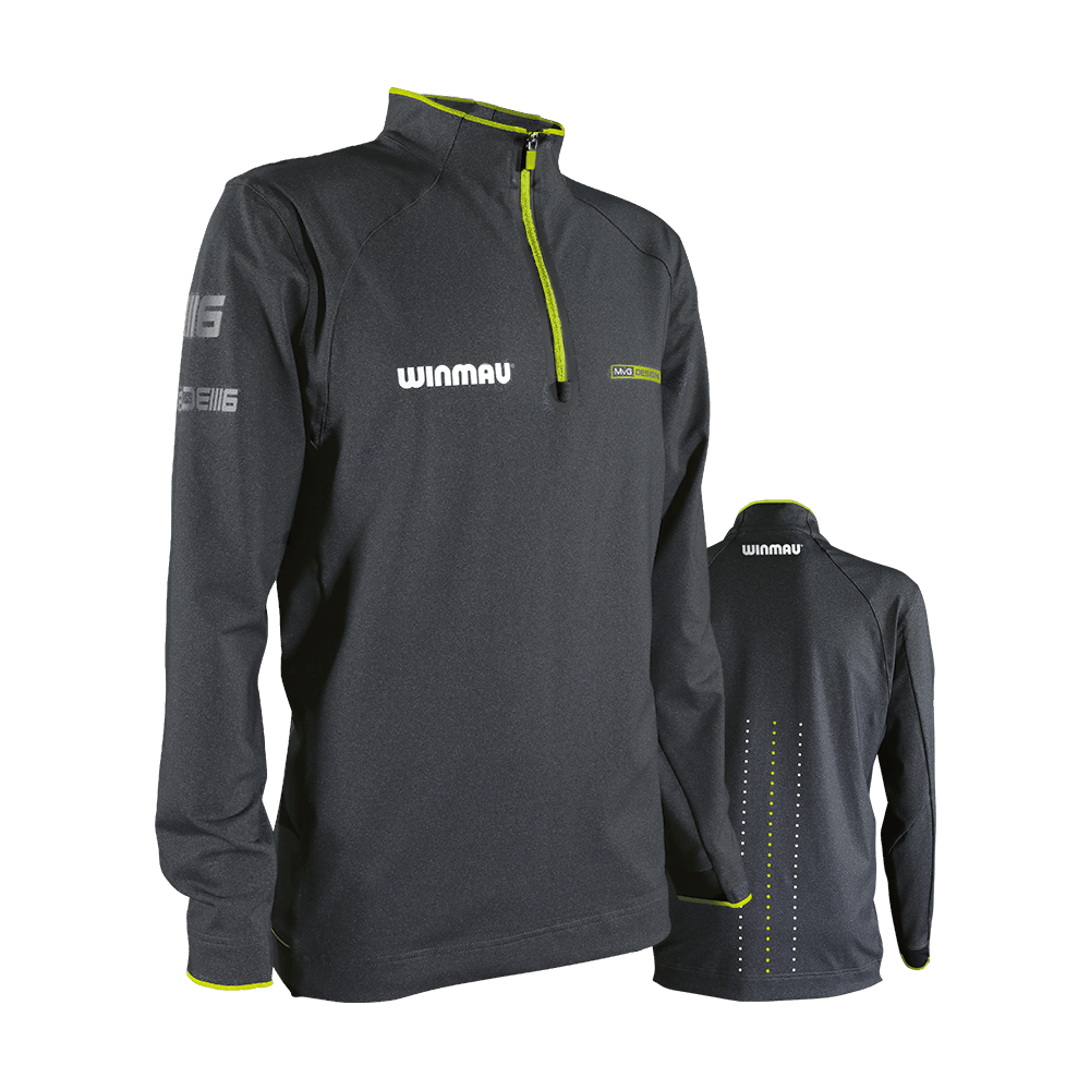 8409_Winmau_Michael_Van_Gerwen_Alpine_Top_Longsleeve_0_NEU Das Bild zeigt ein dunkelgraues Langarmshirt mit gelben Akzenten und einem Reißverschluss am Kragen. Auf dem Shirt sind die Logos "Winmau" und "MVG" zu sehen.