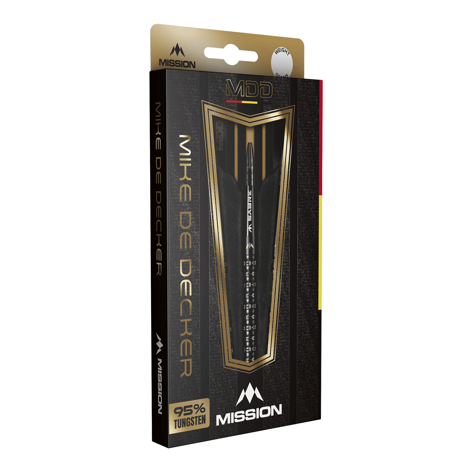 Die Verpackung zeigt die Mission Mike De Decker MDD Black Gold Steeldarts. Auf der Vorderseite steht, dass die Darts zu 95% aus Tungsten bestehen.