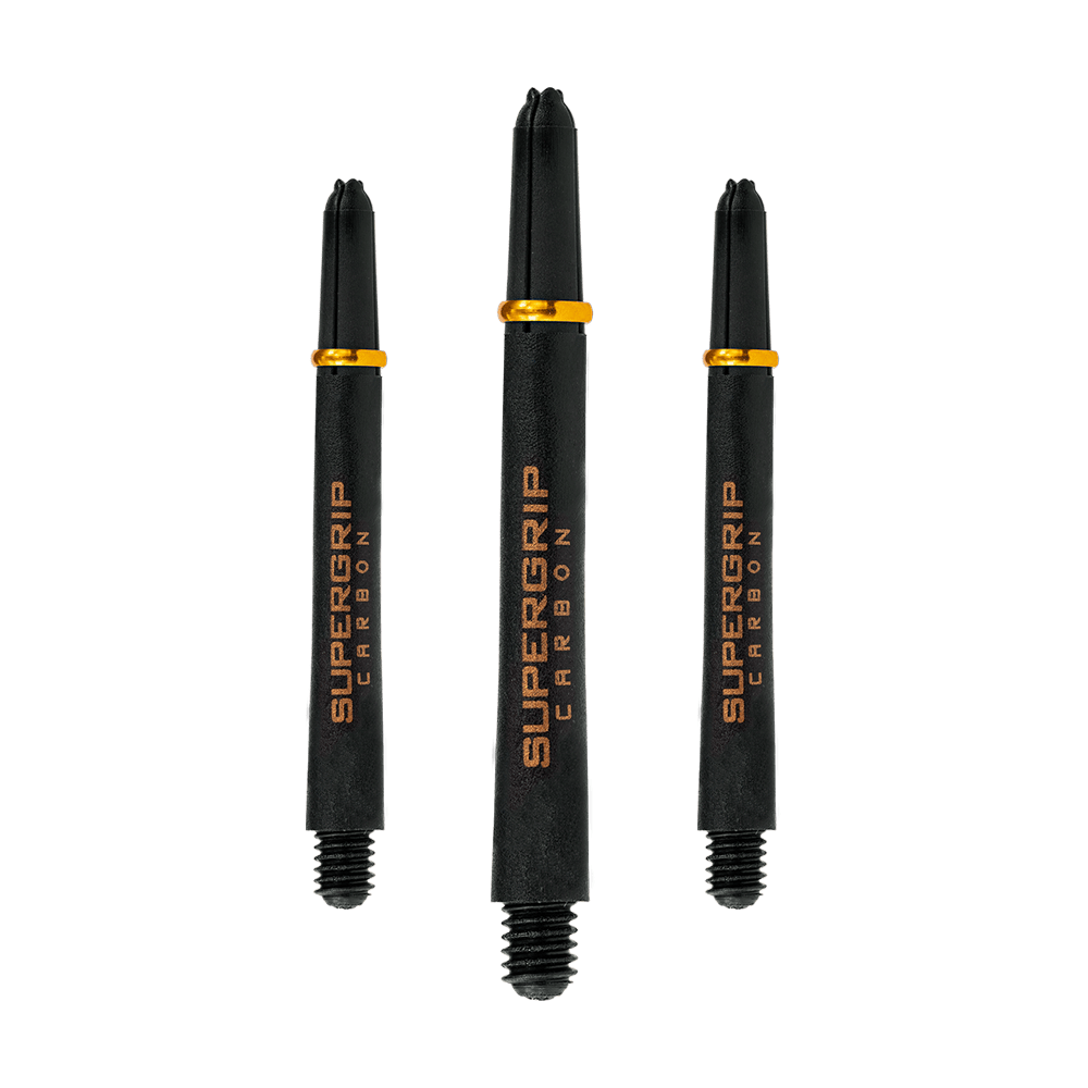 Das Bild zeigt drei Harrows Supergrip Carbon Shafts in der Farbe Gold. Die Shafts sind schwarz mit goldenen Akzenten und der Aufschrift "Supergrip Carbon".