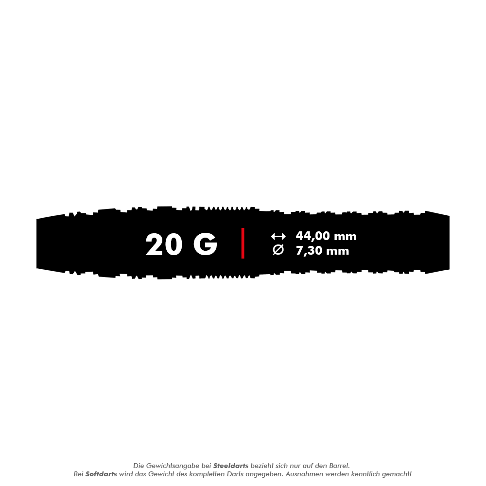 Shot Redline Gizmo Softdarts - 20g Das Bild zeigt die Produktinformationen für die Shot Redline Gizmo Softdarts mit einem Gewicht von 20 Gramm. Die Darts sind 44,00 mm lang und haben einen Durchmesser von 7,30 mm.