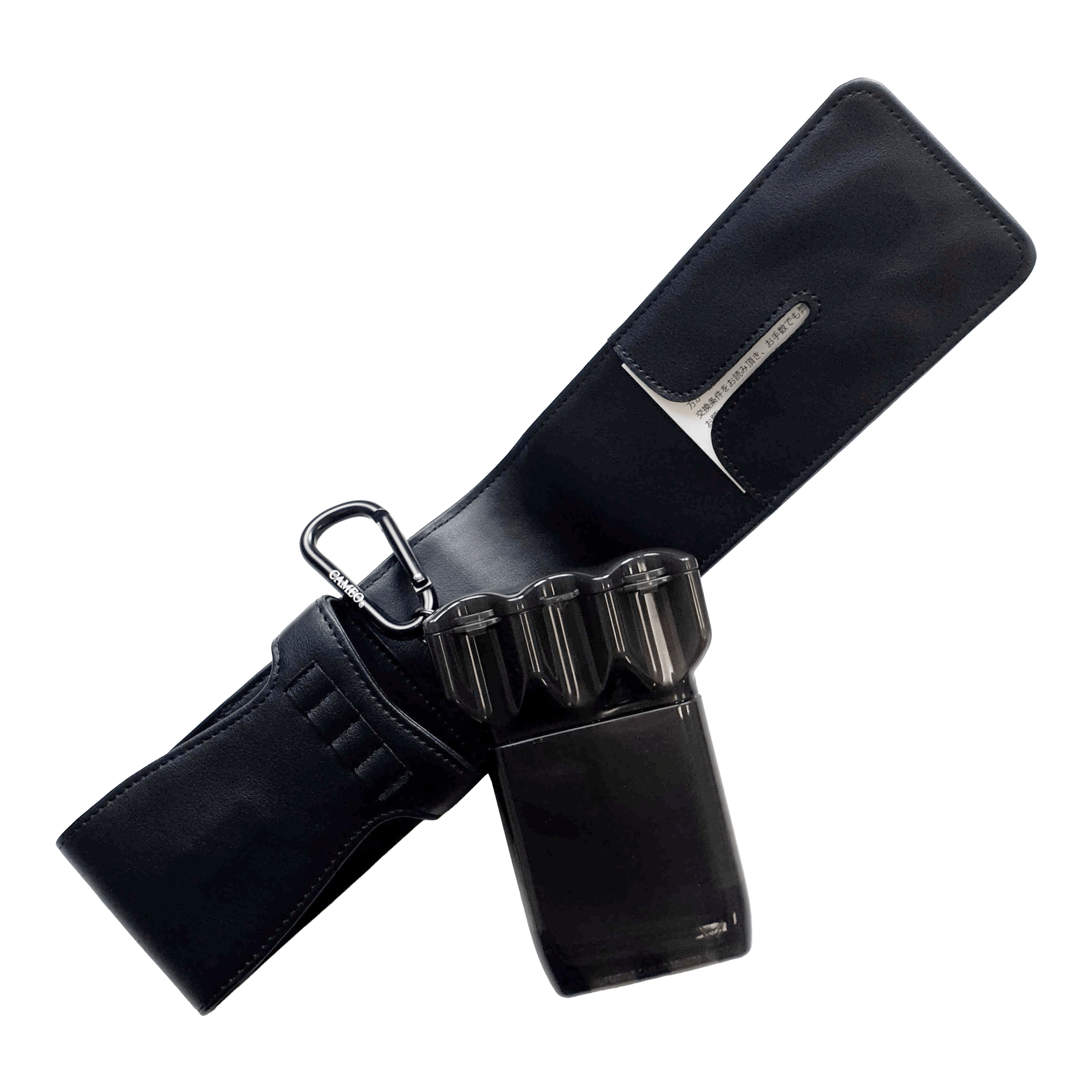 Das Bild zeigt ein schwarzes Dart-Etui mit einem Kunststoff-Behälter und Karabiner. Das Etui ist offen dargestellt, sodass das Innere sichtbar ist.