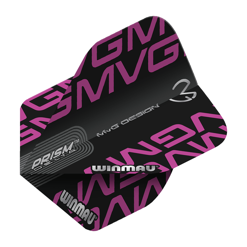Dies ist ein Dart-Flight der Marke Winmau, Modell „Prism Delta MvG BlackPurple Logo Standard“. Das Design ist schwarz mit lila „MVG“-Schriftzügen und silbernen Logos.