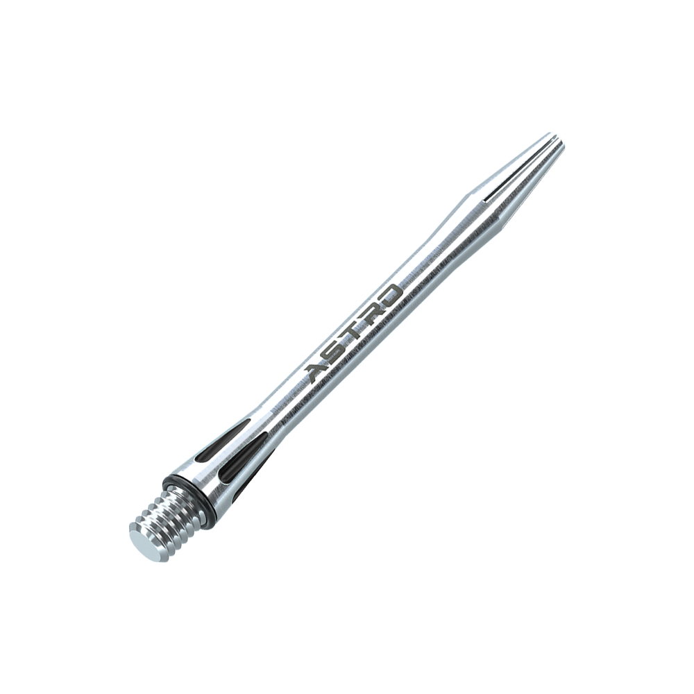 Das Bild zeigt einen Winmau Astro Aluminium Schaft in der Farbe Schwarz. Der Schaft hat einen schlanken, silbernen Look mit dem Schriftzug "ASTRO" darauf.