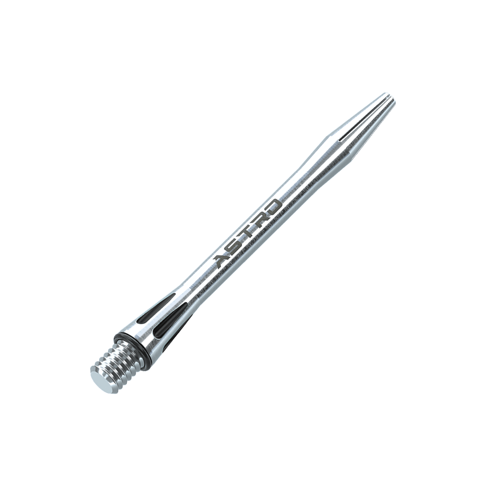 7012-201_Winmau_Astro_Aluminium_Shafts_Schwarz_46mm_2 Das Bild zeigt einen Winmau Astro Aluminium Schaft in der Farbe Schwarz. Der Schaft hat einen schlanken, silbernen Look mit dem Schriftzug "ASTRO" darauf.