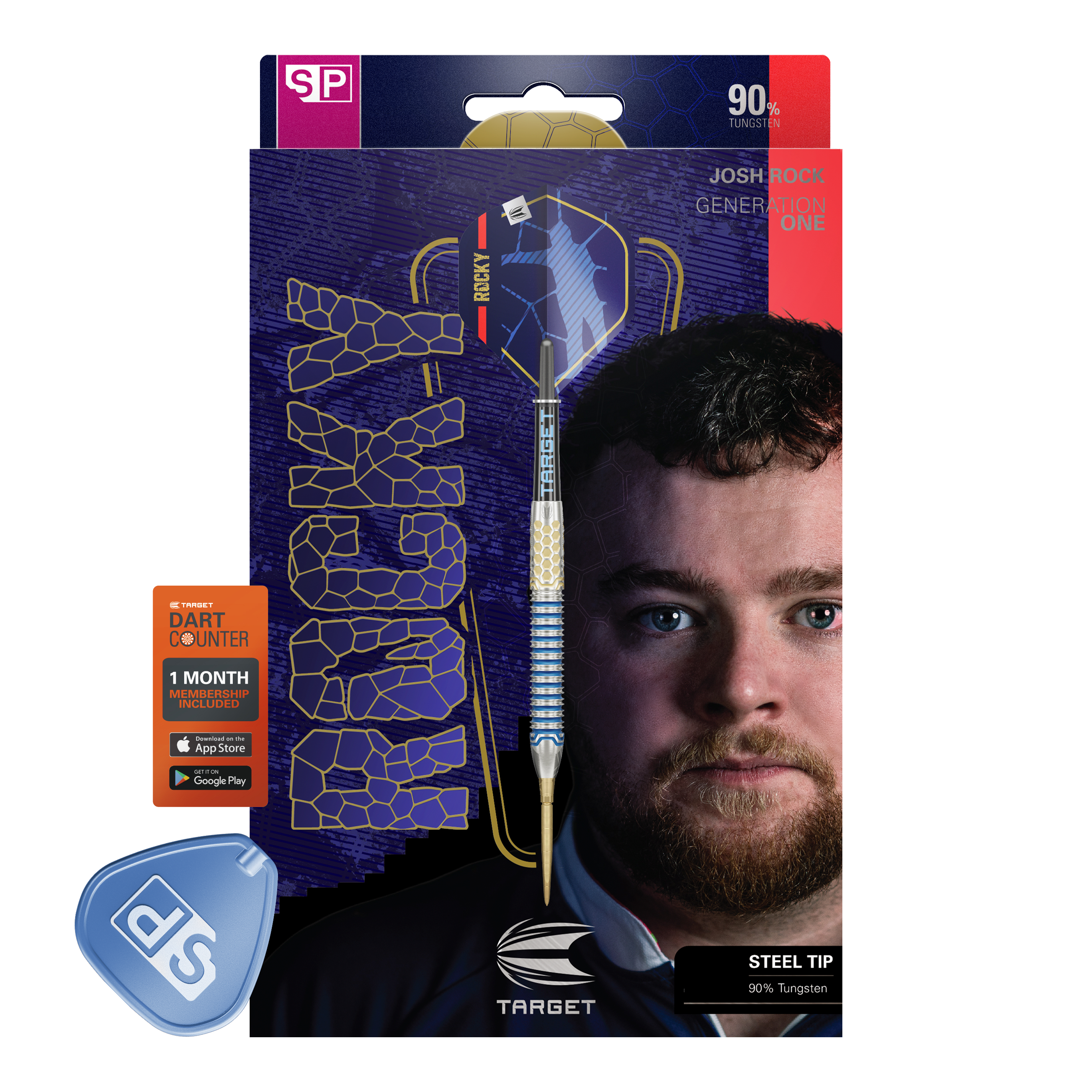 Target Josh Rock GEN1 Swiss Point Steeldarts Das Bild zeigt die Verpackung der "Target Josh Rock GEN1 Swiss Point Steeldarts". Auf der Verpackung ist ein Dart, der Name des Produkts und das Gesicht eines Mannes abgebildet.