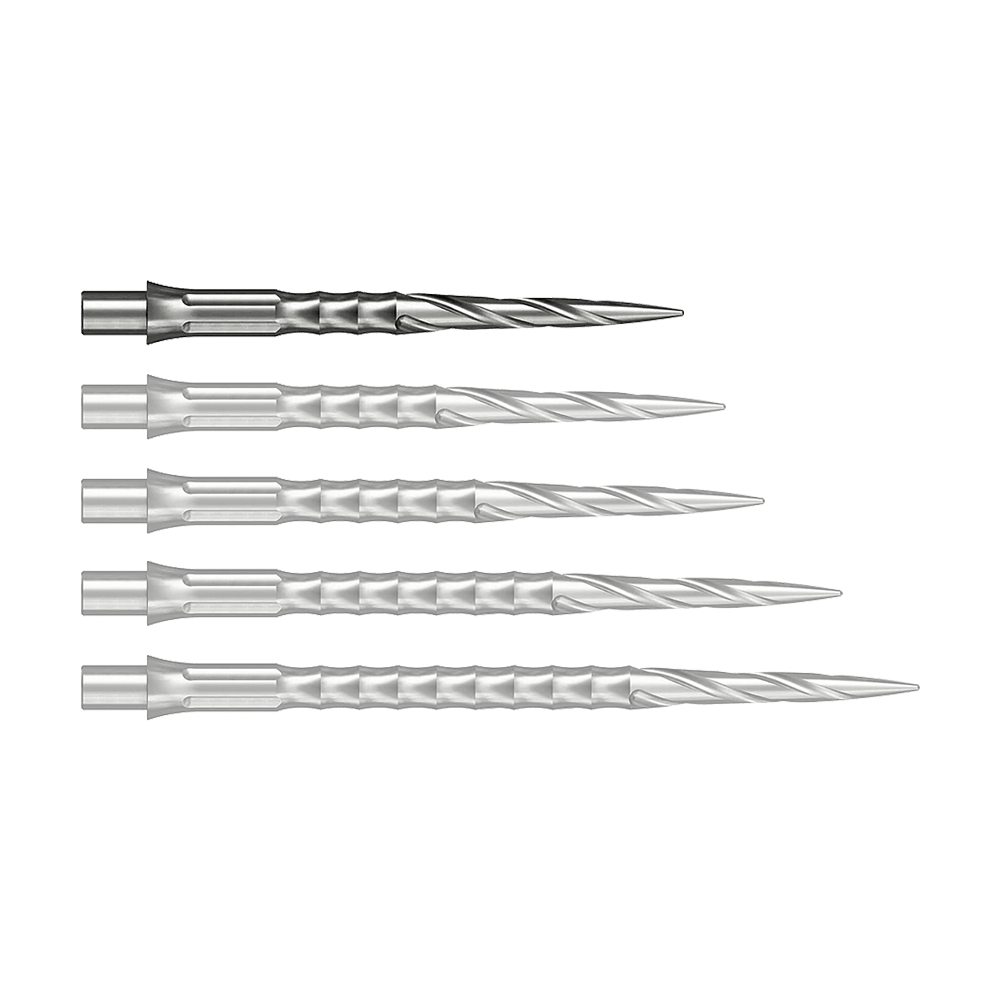 Caliburn System Steeldartspitzen - Spiro - NoLip - Silber Das Bild zeigt wahrscheinlich eine 28 mm lange Steeldartspitze aus Silber. Die Spitze ist Teil des Caliburn Evo Systems und trägt die Bezeichnung Spiro NoLip.