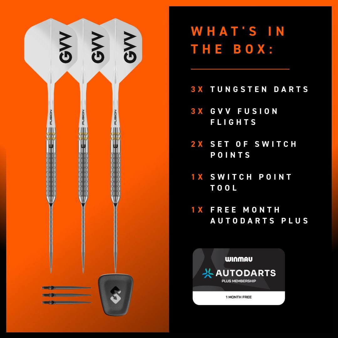 Winmau Gian Van Veen W-MAX Switch Point Steeldarts Die Winmau Gian Van Veen W-MAX Switch Point Steeldarts sind hier von der Seite zu sehen. Die Darts liegen auf einer hellen Oberfläche.