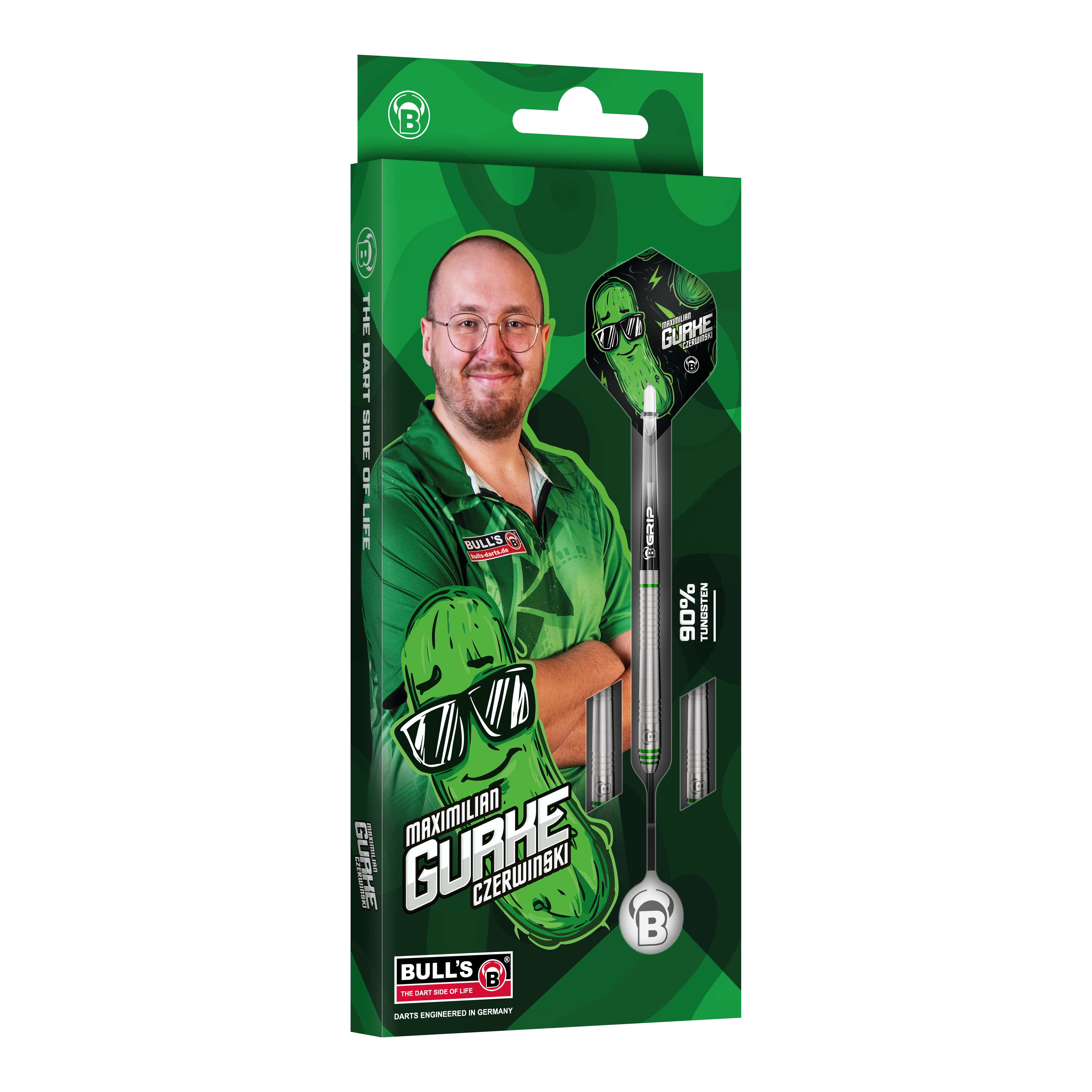 Bulls Max Czerwinski Gurke Steeldarts - 23g Bulls Max Czerwinski Gurke Steeldarts mit einem Gewicht von 23 Gramm. Diese Aufnahme zeigt Details des Dartpfeils.