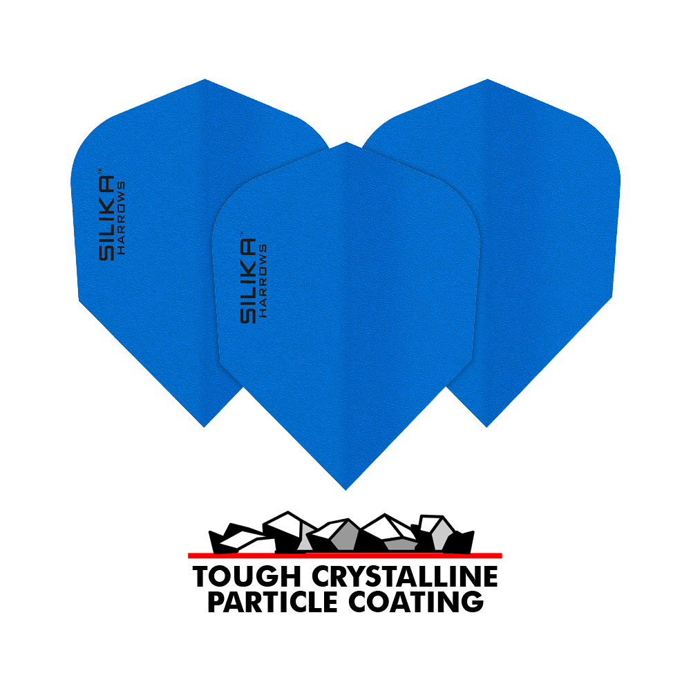 Harrows Silika Solid Tough Crystalline Coating Blue No6 Flights Das Bild zeigt blaue Dart-Flights der Marke Harrows Silika mit einer soliden, kristallinen Beschichtung. Unten im Bild steht "Tough Crystalline Particle Coating" mit einer grafischen Darstellung von Kristallen.