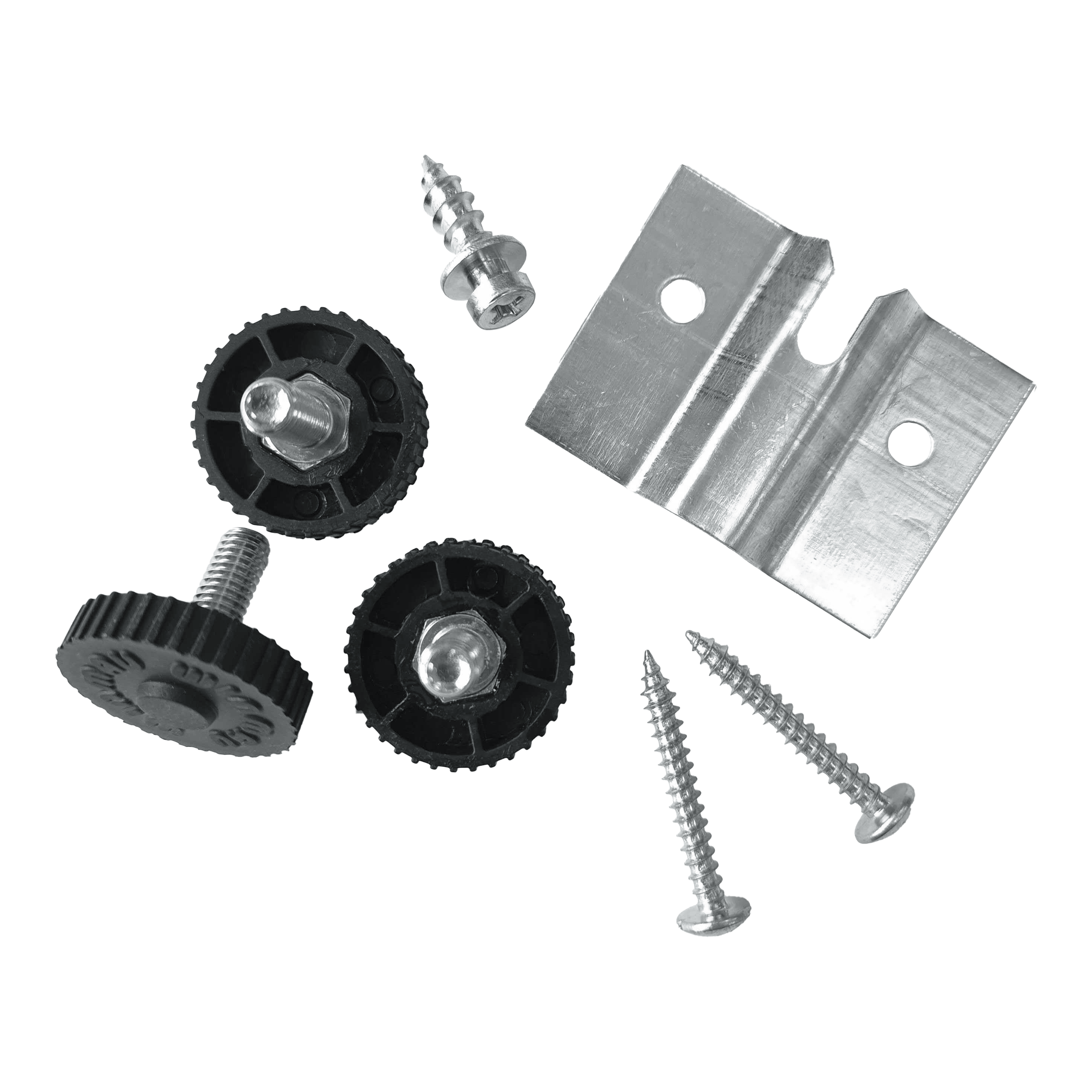 Winmau Rota-Lock Blade 6 Wandhalterung Das Bild zeigt das Winmau Rota-Lock Blade 6 Wandhalterungs-Set mit Schrauben, Kunststoffrädern und einer Metallhalterung. Es sind alle benötigten Teile zur Befestigung eines Dartboards an der Wand abgebildet.