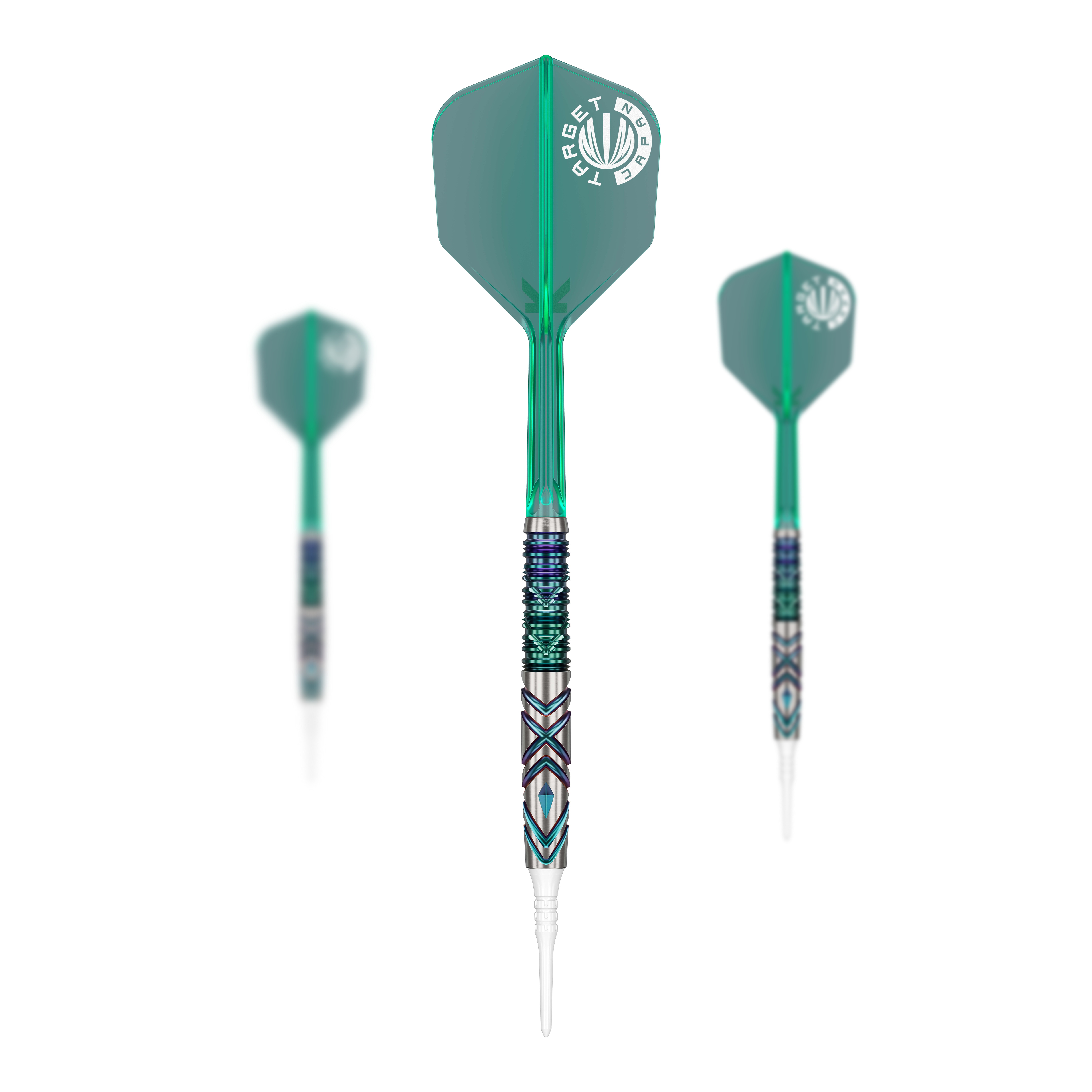 Das Bild zeigt drei Softdarts des Produkts „Target Japan Mikuru Suzuki Miracle GEN6 Lite Softdarts - 19g“. Die Darts haben grüne Flights und ein farbenfrohes, gemustertes Barrel-Design.
