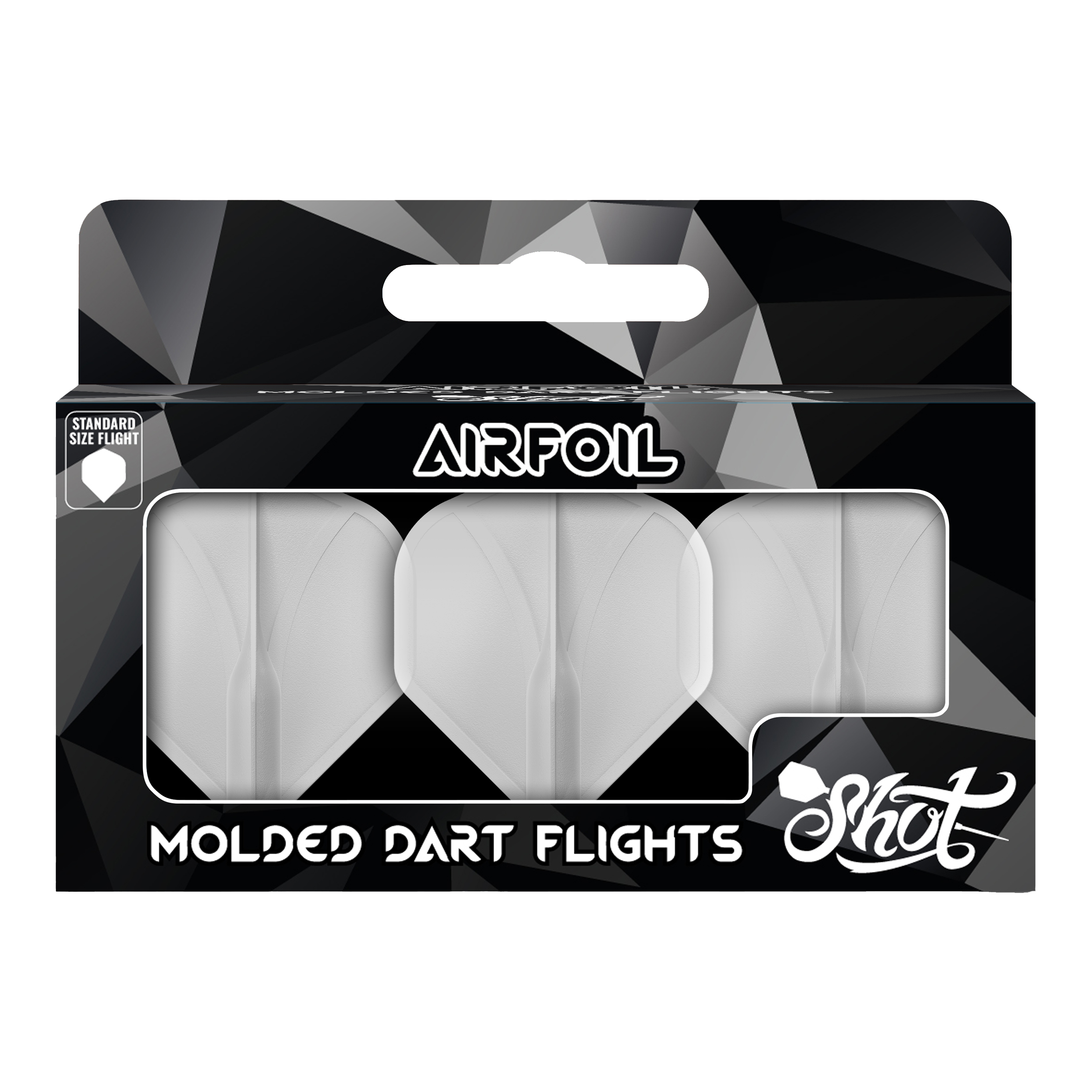 Shot Airfoil Moulded No2 Standard Flights Auf dem Bild ist eine Packung mit geformten Dart-Flights der Marke Shot zu sehen. Die Flights sind durchsichtig und in einer schwarzen Verpackung mit der Aufschrift "Airfoil" präsentiert.