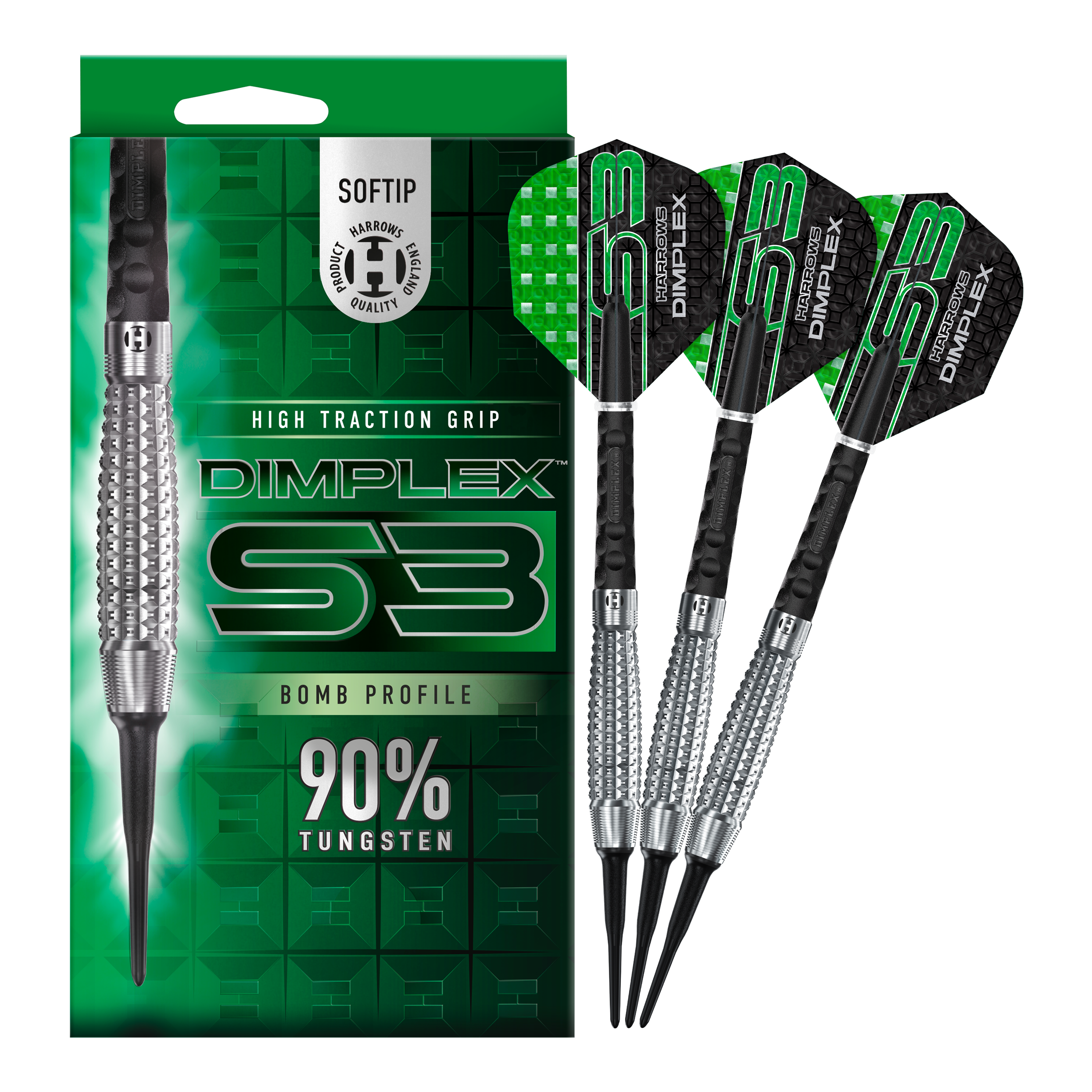 Harrows Dimplex S3 Bomb Softdarts Auf dem Bild sind die Harrows Dimplex S3 Bomb Softdarts und ihre Verpackung zu sehen. Die Darts haben einen hohen Grip und bestehen zu 90% aus Tungsten.