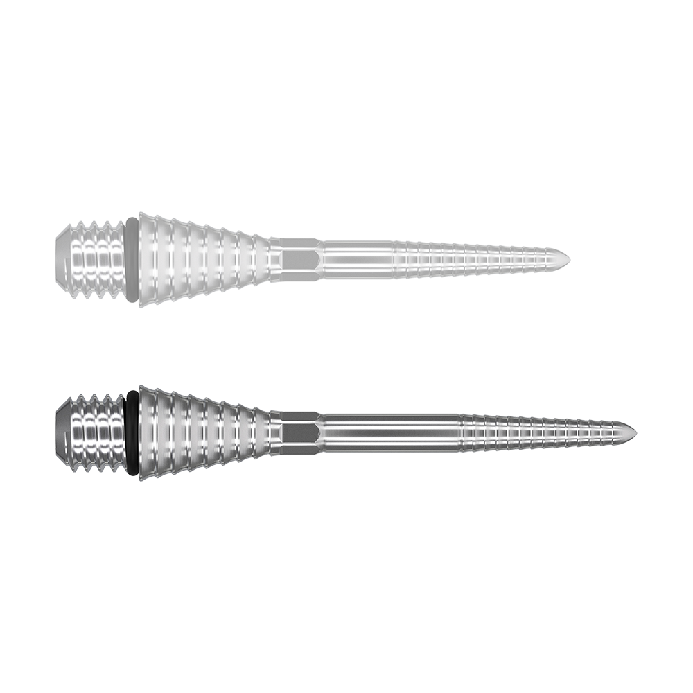 Auf dem Bild sind zwei silberne, gerillte Spitzen aus Metall nebeneinander zu sehen. Sie haben eine konische Form mit feiner Riffelung und werden vermutlich als Konversionsspitzen verwendet.