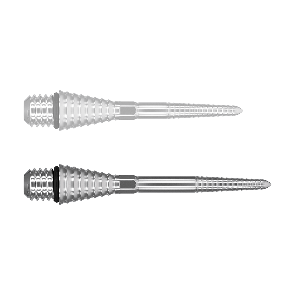 380181_Target_Titanium_Swiss_Point_Grooved_Conversion_Points_Silber_30mm_1 Auf dem Bild sind zwei silberne, gerillte Spitzen aus Metall nebeneinander zu sehen. Sie haben eine konische Form mit feiner Riffelung und werden vermutlich als Konversionsspitzen verwendet.