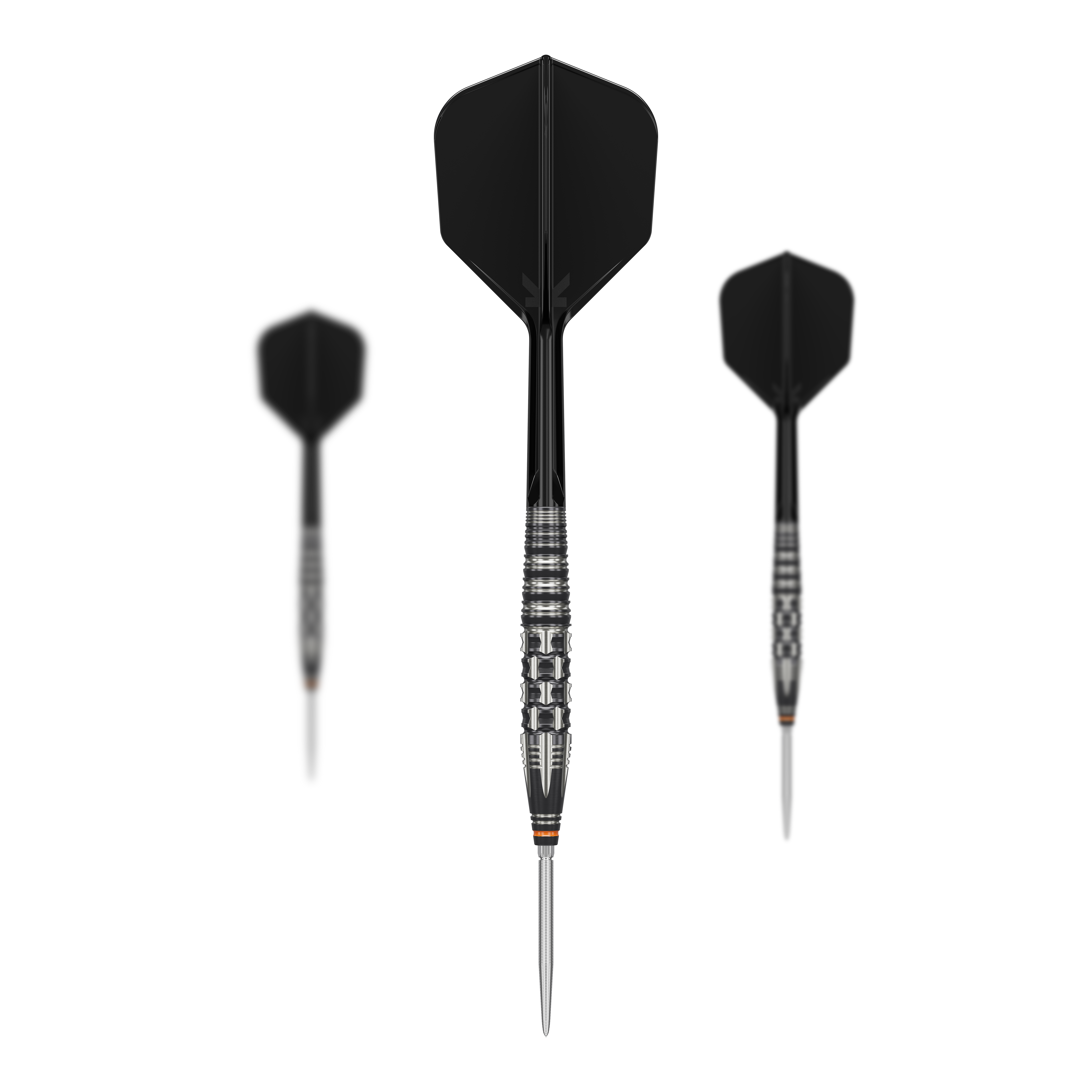Target Japan Black Marque Dancing Duck GEN 4 Steeldarts Das Bild zeigt drei schwarze Steeldarts des Modells "Target Japan Black Marque Dancing Duck GEN 4". Die Darts haben silberne Spitzen und geriffelte Griffbereiche für bessere Kontrolle.