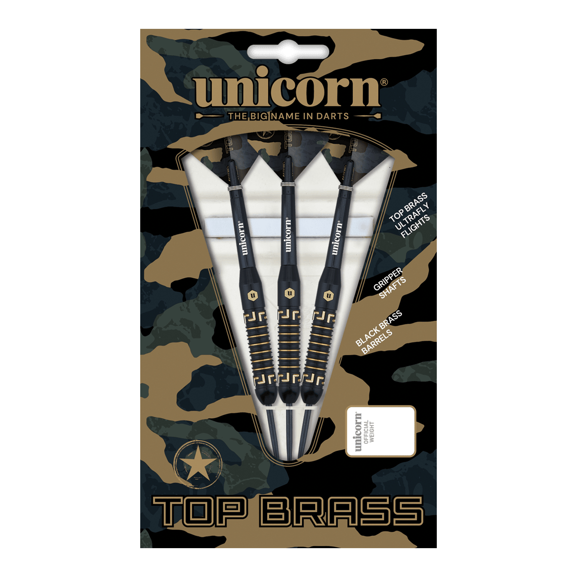 Unicorn Top Brass V1 Steeldarts - 20g Das Bild zeigt die "Unicorn Top Brass V1 Steeldarts - 20g" in einer Verpackung mit Tarnmuster. Die Packung enthält drei schwarze Darts mit goldfarbenen Details.