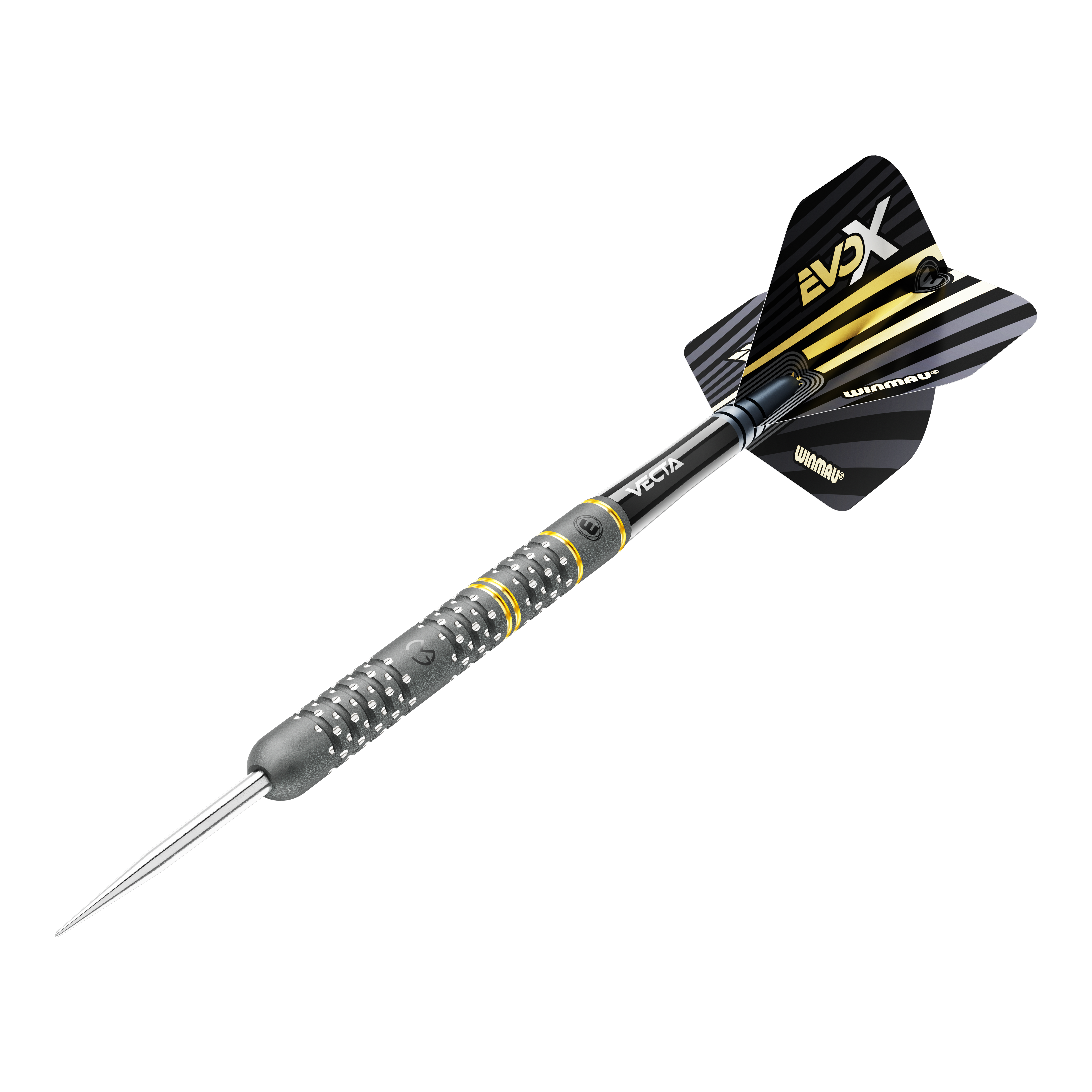 Winmau Michael Van Gerwen Evo-X Steeldarts Das Bild zeigt einen Winmau Michael Van Gerwen Evo-X Steeldart. Der Dart hat ein schwarzes und gelbes Design mit metallischer Spitze und strukturierter Griffzone.