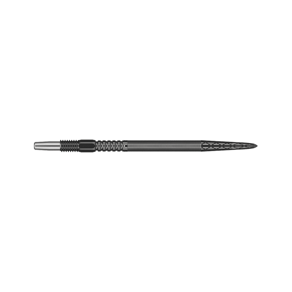 340054_Target_Swiss_Point_DX_Black_Dartspitzen_35mm_2 Das Bild zeigt eine schwarze Dartspitze mit feinen Rillen und Mustern. Sie ist lang und schlank, mit einer spitz zulaufenden Spitze.