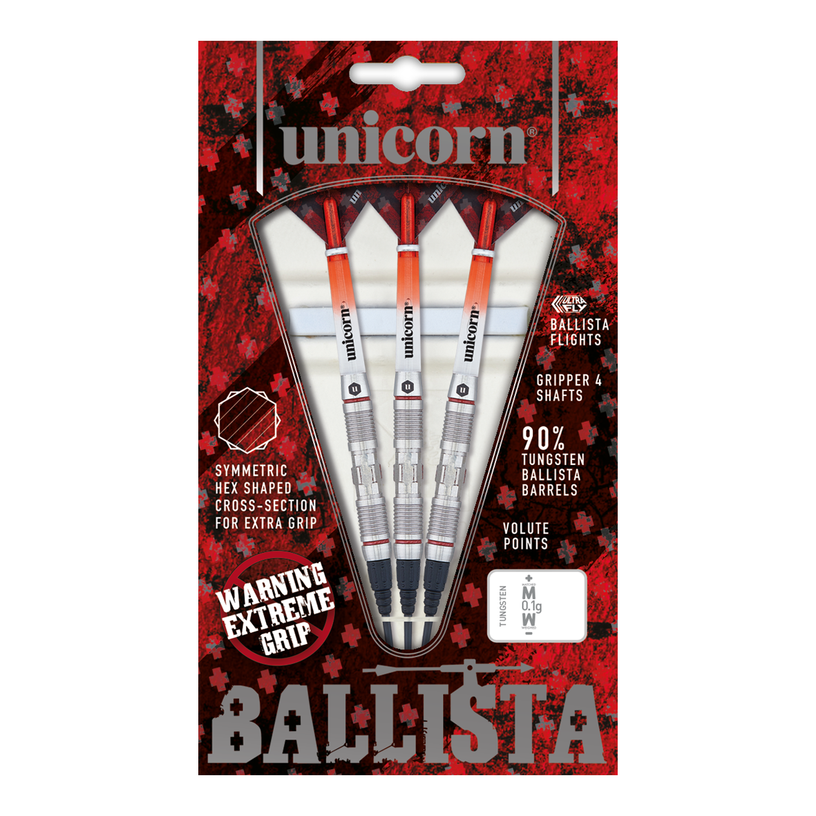 Das Bild zeigt eine Packung „Unicorn Ballista Style 2 Softdarts“. In der Packung befinden sich drei Softdarts mit silbernen und orangenen Details.