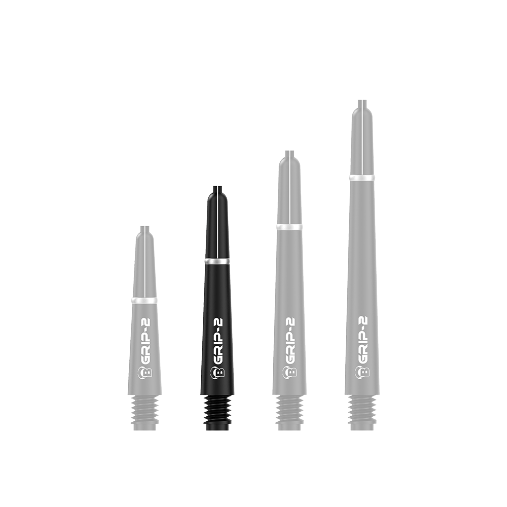 Das Bild zeigt vier schwarze Bulls B-Grip-2 SL Shafts in unterschiedlicher Länge. Die Shafts sind mit weißer Schrift und einem silbernen Ring am oberen Ende versehen.