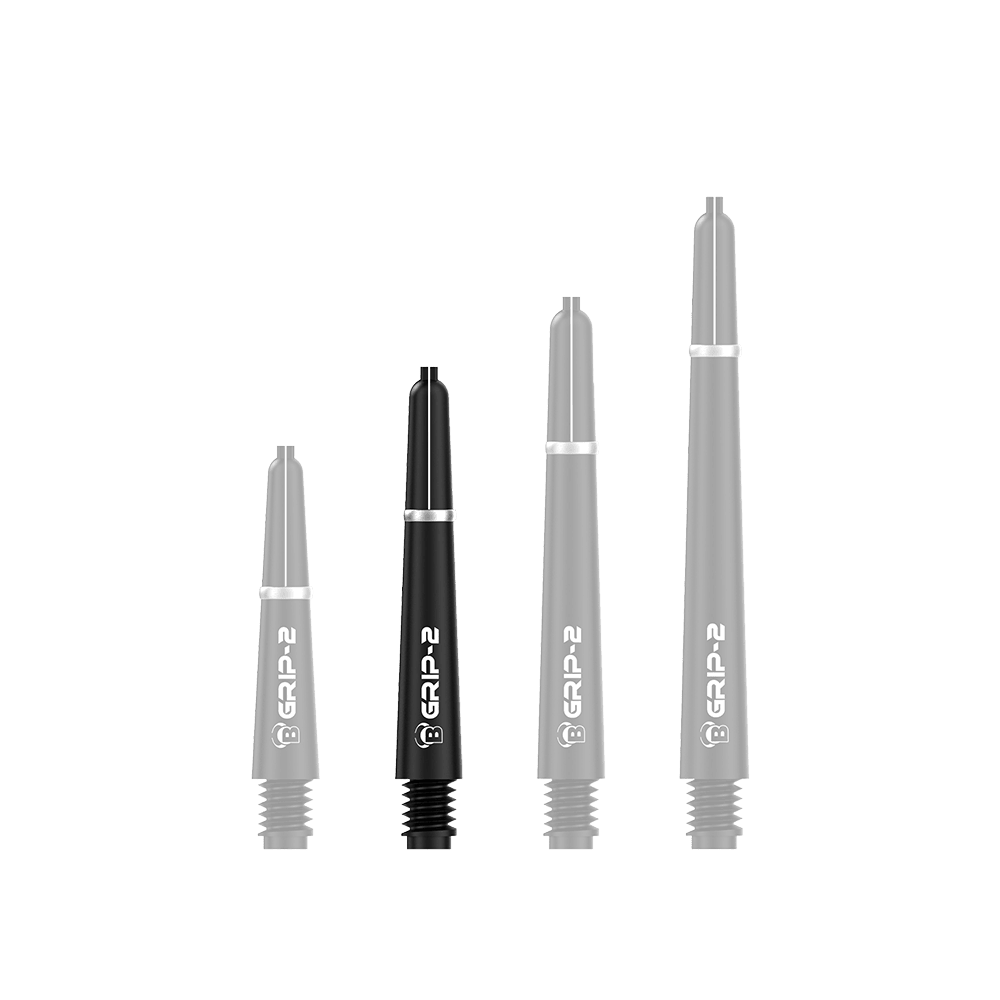 BS55071_Bulls_B-Grip-2_SL_Shafts_Schwarz_35mm_1G4shay4uqDZA2 Das Bild zeigt vier schwarze Bulls B-Grip-2 SL Shafts in unterschiedlicher Länge. Die Shafts sind mit weißer Schrift und einem silbernen Ring am oberen Ende versehen.