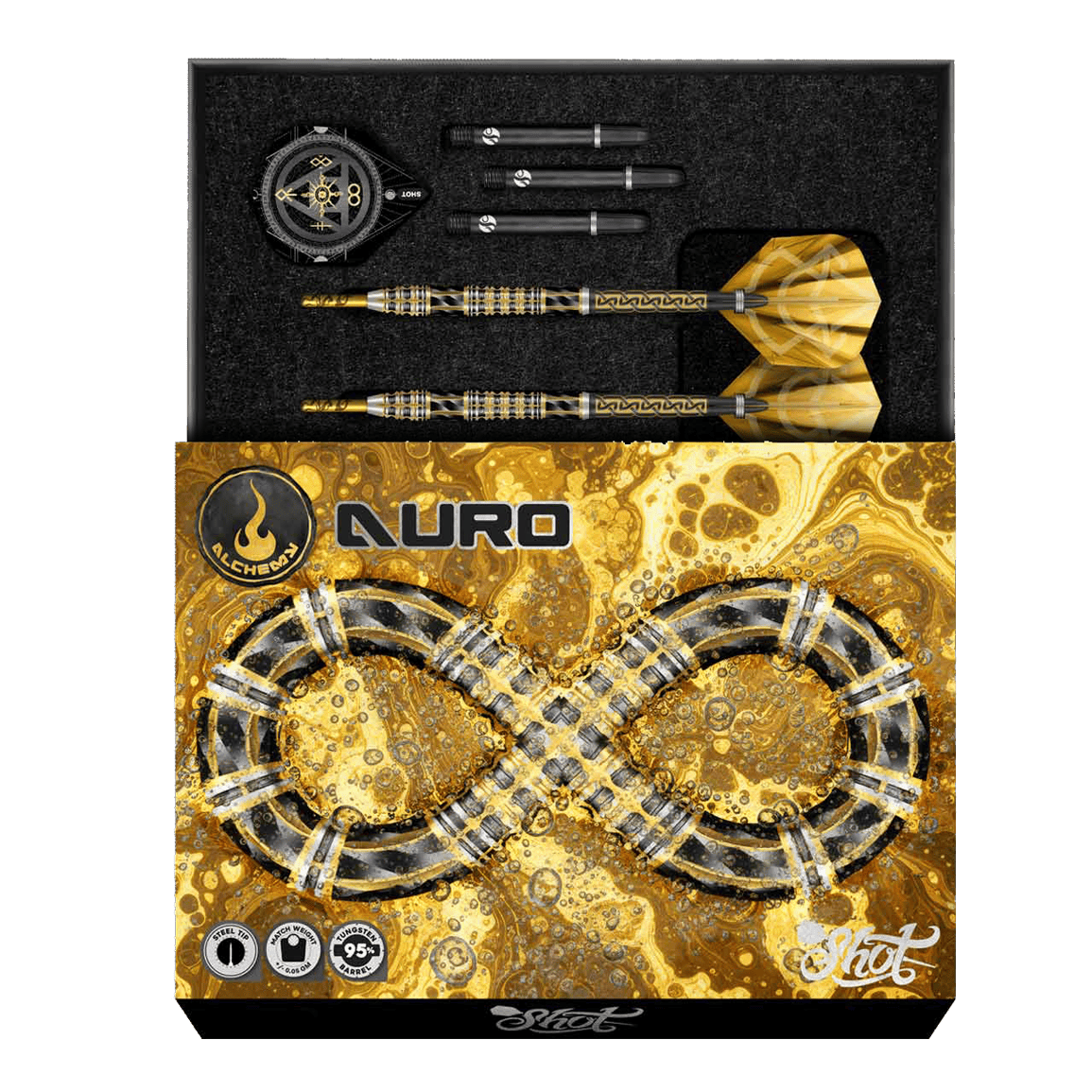 Hier sieht man die Shot Alchemy Auro Softdarts mit 20g Gewicht. Es handelt sich um hochwertige Softdarts für präzises Spielen.