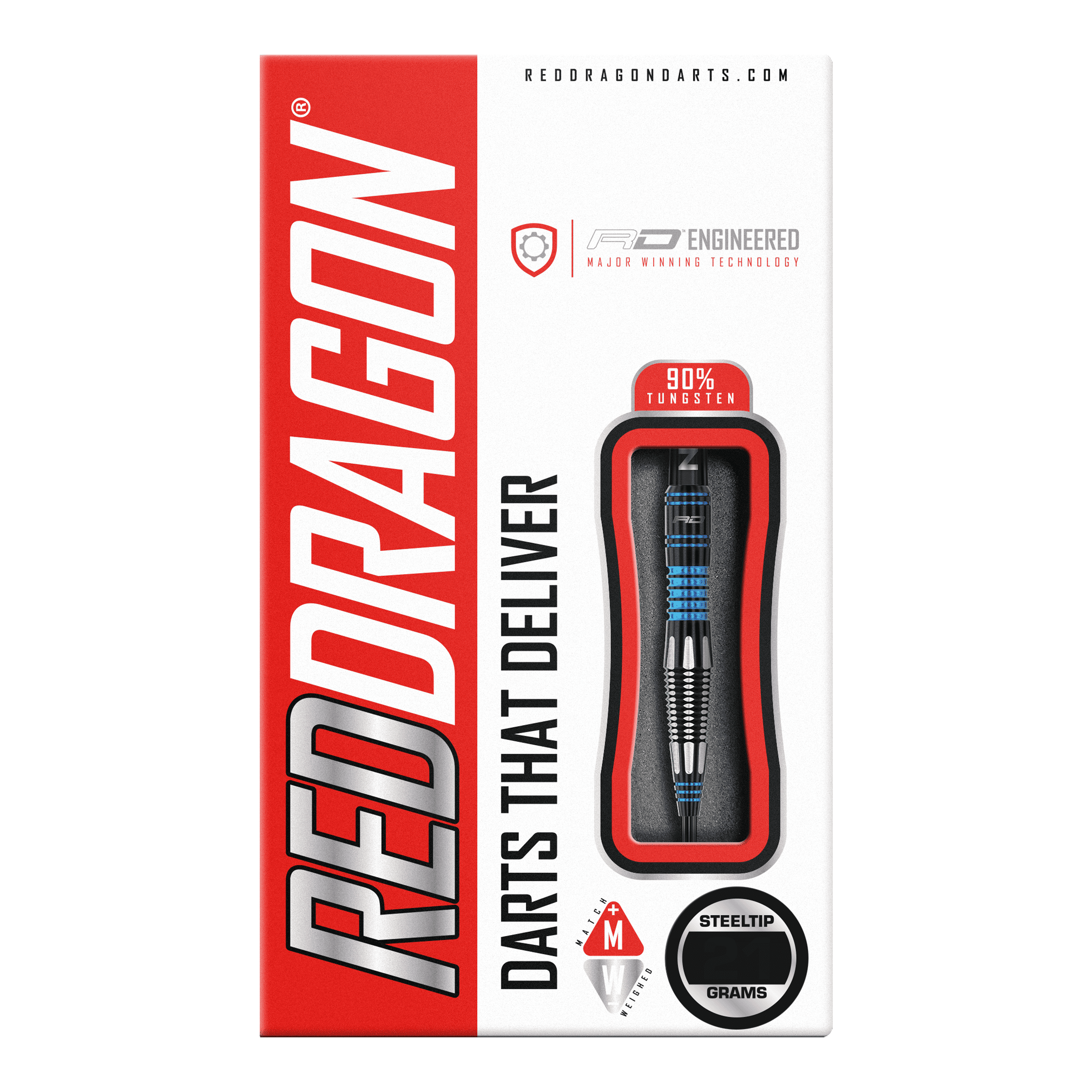 Die Verpackung zeigt die "Red Dragon Marlin Steeldarts" mit 90% Tungsten-Anteil. Das Design ist modern und hebt die hochwertige Verarbeitung der Darts hervor.