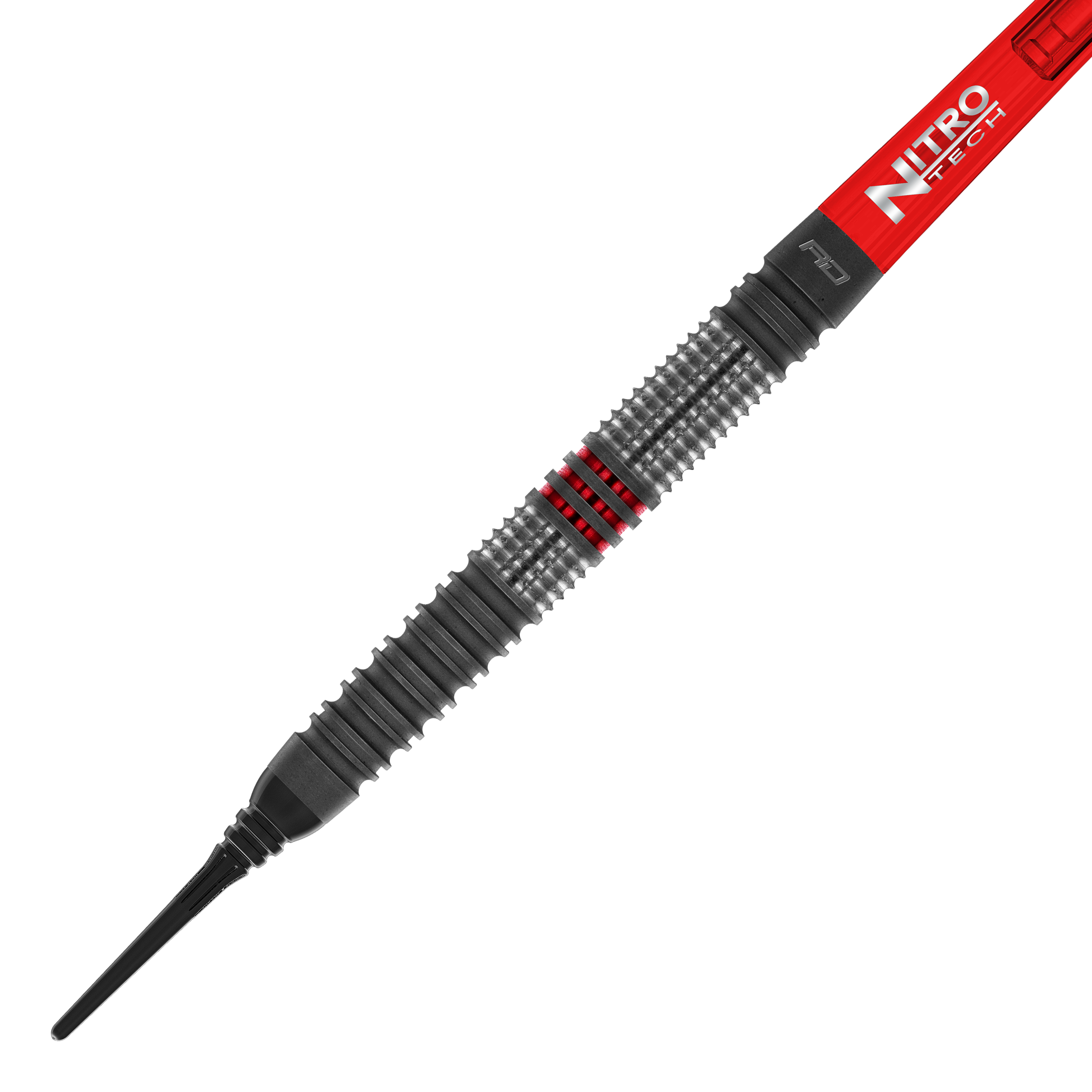 Red Dragon Jonny Clayton Hiraeth Softdarts - 20g Das Bild zeigt den Red Dragon Jonny Clayton Hiraeth Softdart mit einem Gewicht von 20 Gramm. Der Dart hat ein silbernes Griffstück mit roten Akzenten und einen roten Schaft mit der Aufschrift "Nitro Tech".