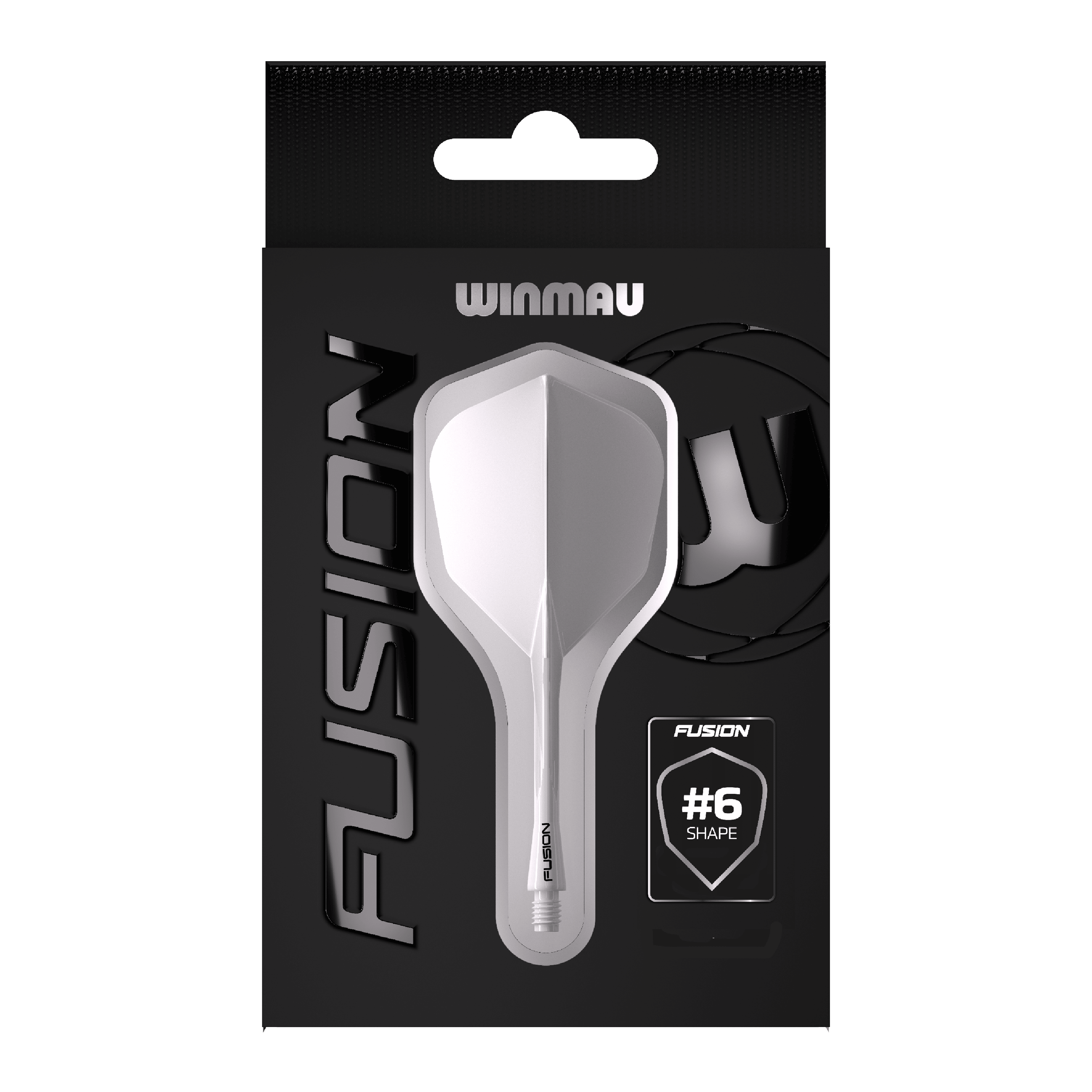Winmau Fusion Flight-Shaft-System No6 Clear Das Bild zeigt die Verpackung des Produkts "Winmau Fusion Flight-Shaft-System No6 Clear". In der Mitte ist das transparente Flight-Shaft-System im #6-Shape deutlich zu sehen.