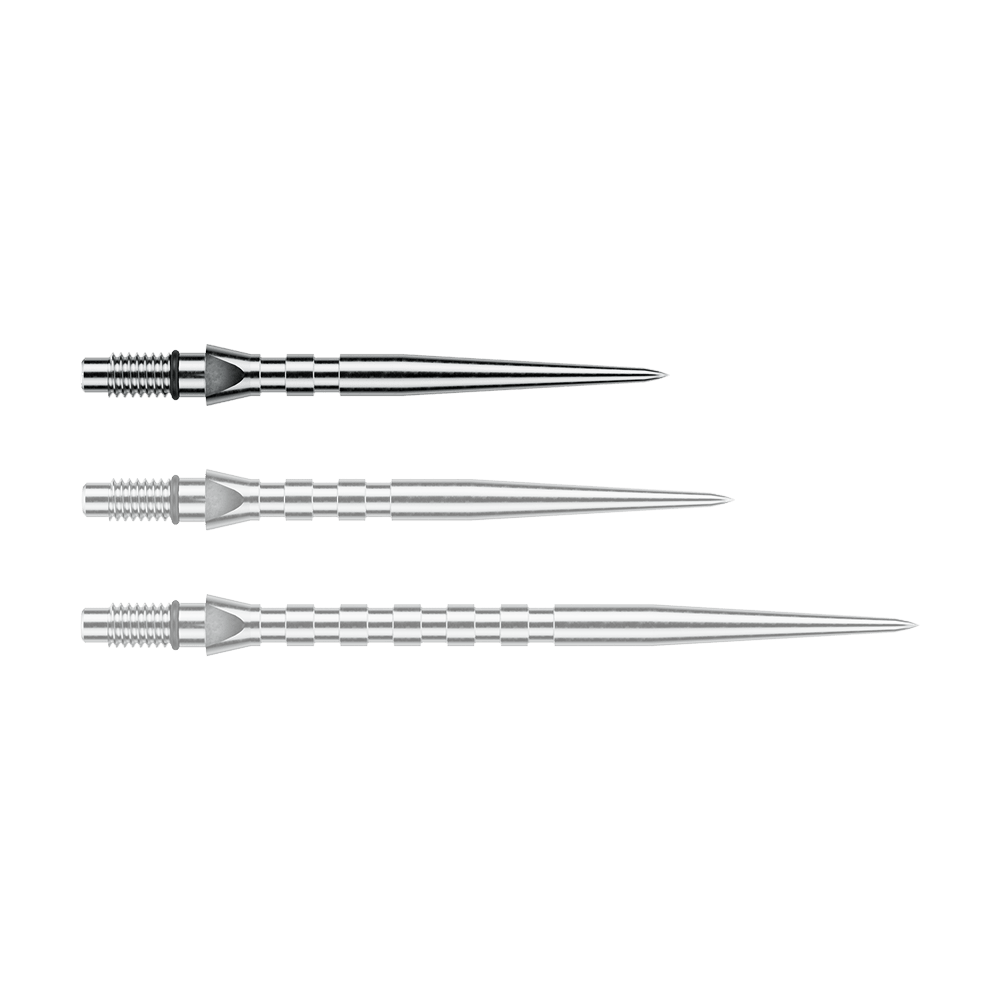 Winmau Switch Point Groove Steeldartspitzen - Silver Effect Abgebildet ist eine einzelne silberne Steeldartspitze mit Rillen, vermutlich vom Typ 'Switch Point Groove Silver Effect' und 26mm. Diese Spitze eignet sich für Steeldarts.