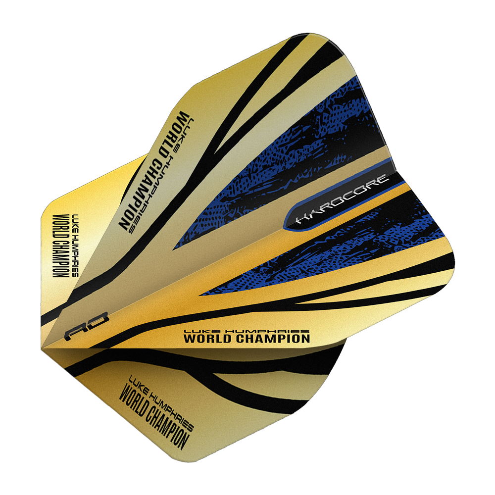 Das Bild zeigt das Produkt "Red Dragon Hardcore Premium Luke Humphries Gold Standard Flights". Die Dart-Flight ist goldfarben mit schwarzen und blauen Akzenten und trägt die Aufschrift "Luke Humphries World Champion".