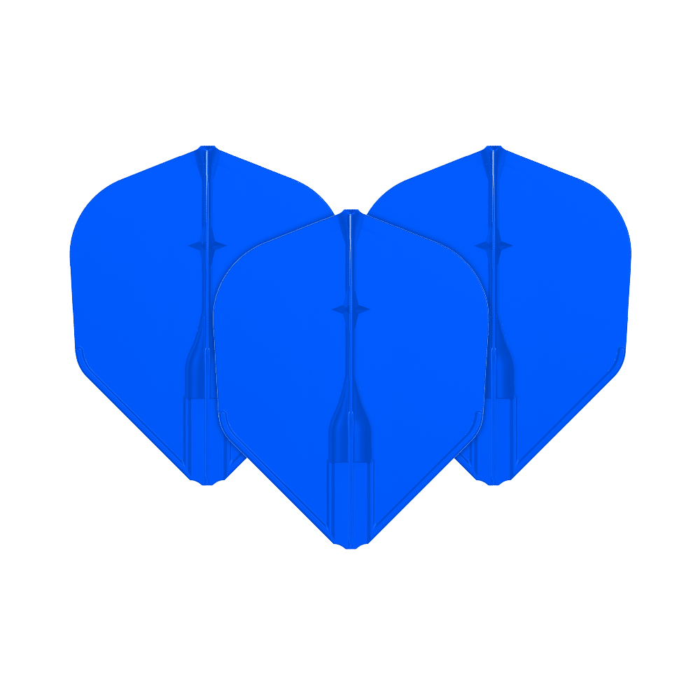 Das Bild zeigt drei blaue Dartflights, die nebeneinander angeordnet sind. Sie haben eine klassische, leicht abgerundete Form.