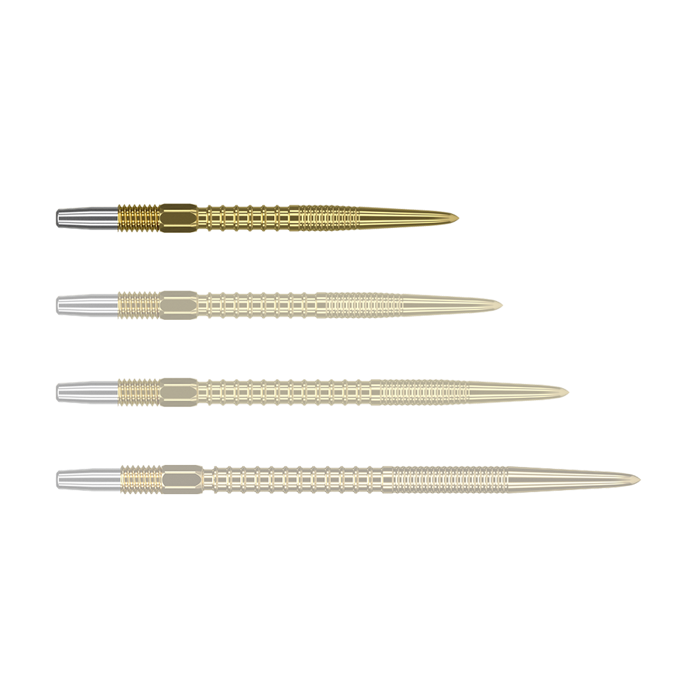 Das Bild zeigt vier goldfarbene Dartspitzen, die nebeneinander angeordnet sind. Die Spitzen haben eine glänzende Metalloptik und sind am hinteren Ende silberfarben.