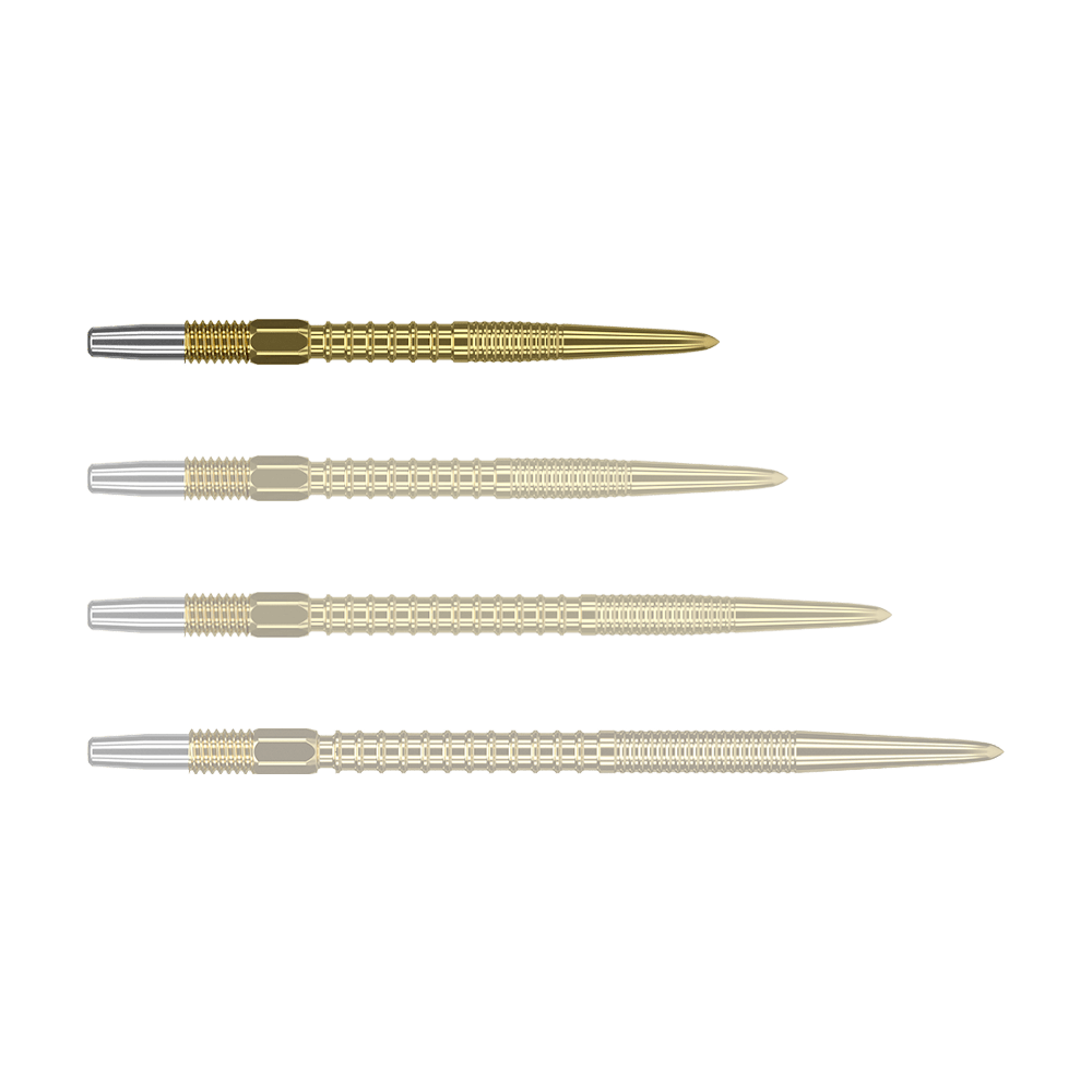 Target Swiss Firepoint Gold Dartspitzen Das Bild zeigt vier goldfarbene Dartspitzen, die nebeneinander angeordnet sind. Die Spitzen haben eine glänzende Metalloptik und sind am hinteren Ende silberfarben.