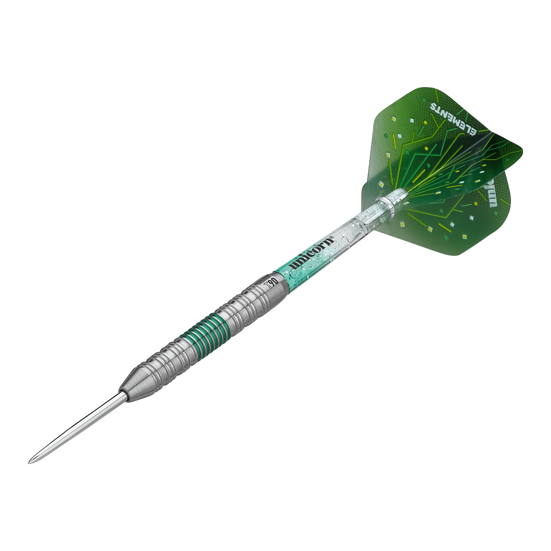 Das Bild zeigt einen Unicorn T90 Core XL Green Steeldart. Der Dartpfeil hat einen silbernen Schaft mit grünen Akzenten und eine grüne Flight.