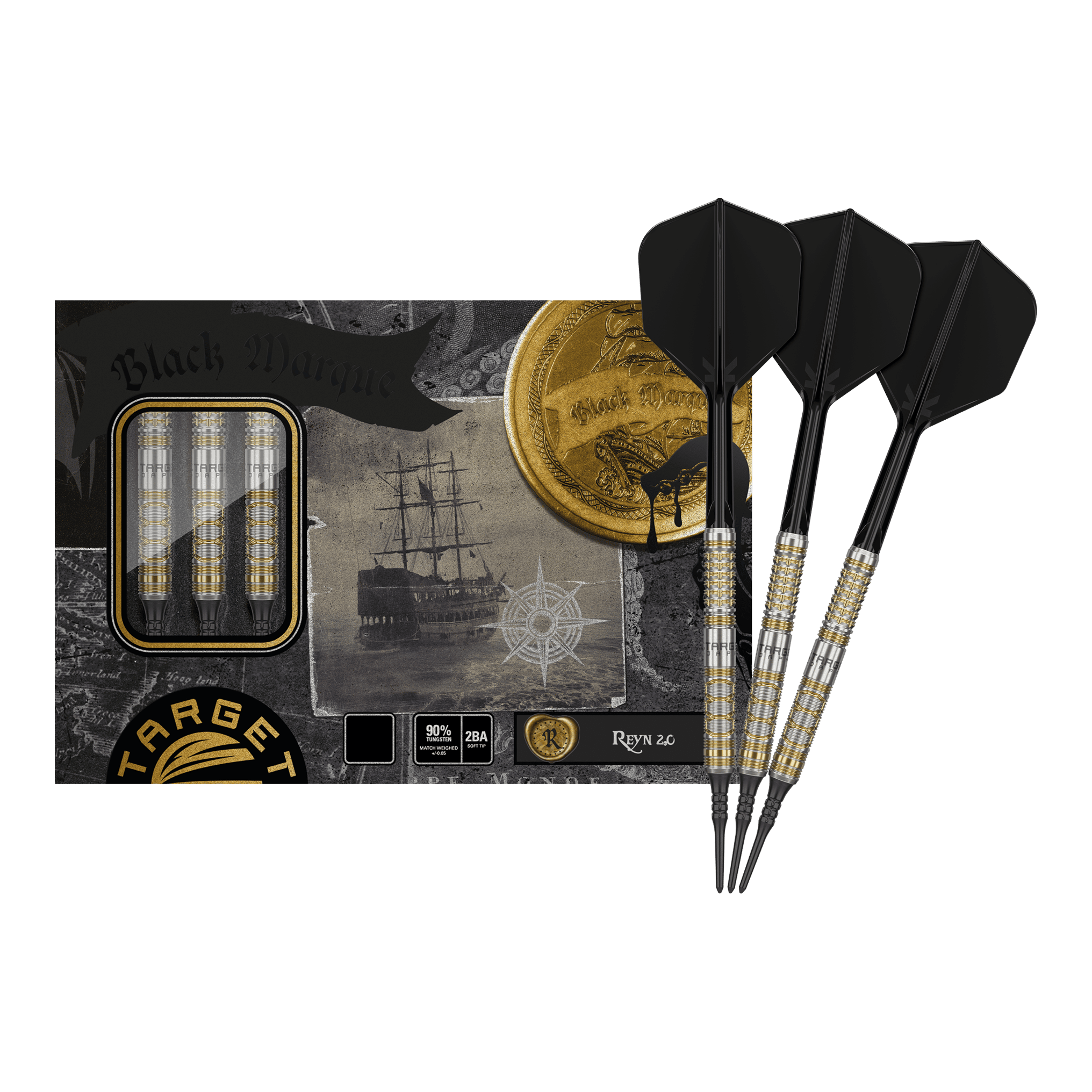 Das Bild zeigt das Produkt "Target Japan Black Marque Reyn GEN2 Softdarts - 17,5g" mit drei eleganten, schwarz-goldenen Softdarts vor der Verpackung. Auf der Verpackung ist zudem ein Schiff sowie eine goldene Münze abgebildet.