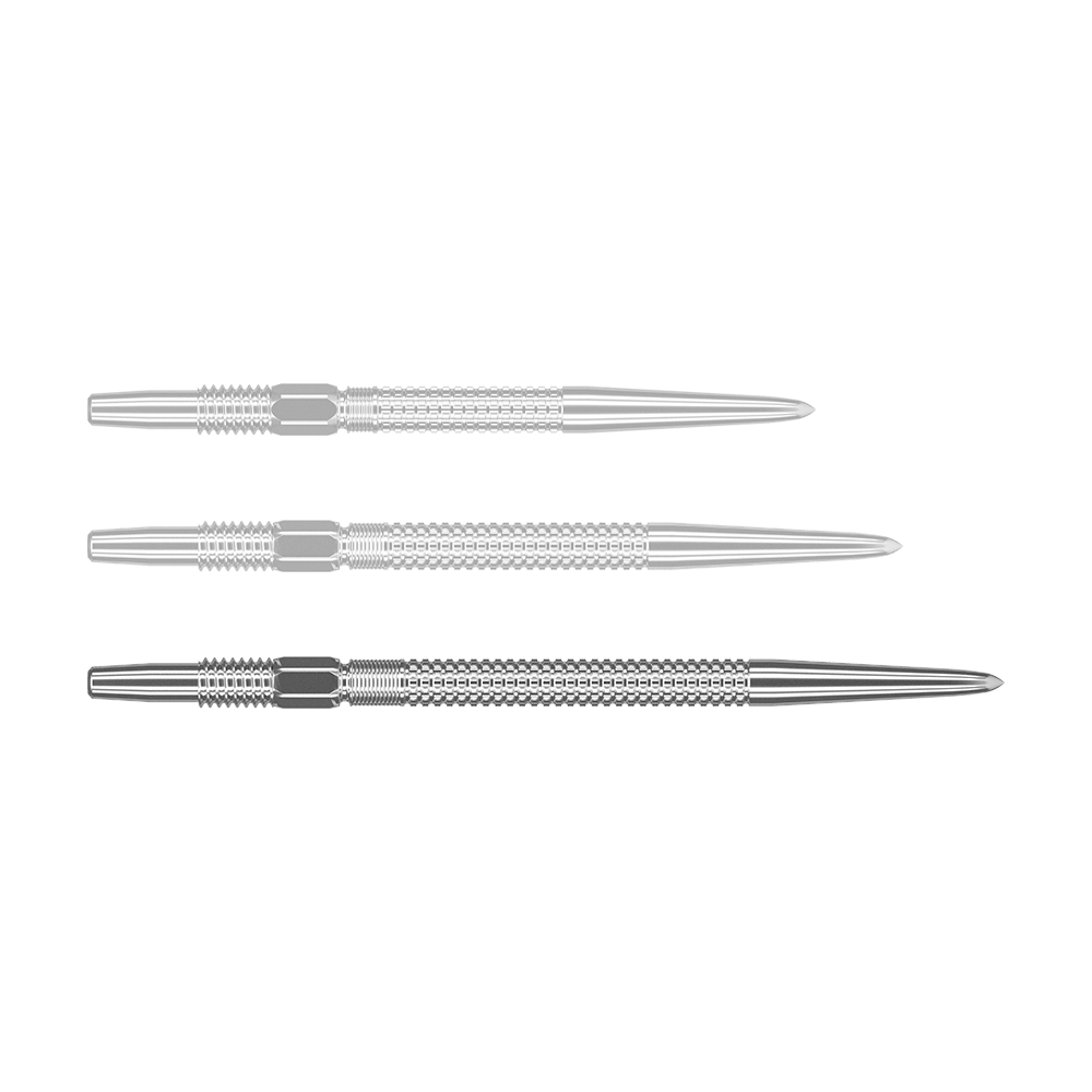 Target Swiss Point GRD Silver Dartspitzen Das Bild zeigt drei silberne Dartspitzen des Produkts "Target Swiss Point GRD Silver Dartspitzen". Sie sind nebeneinander angeordnet und haben eine feine Riffelung für besseren Halt.